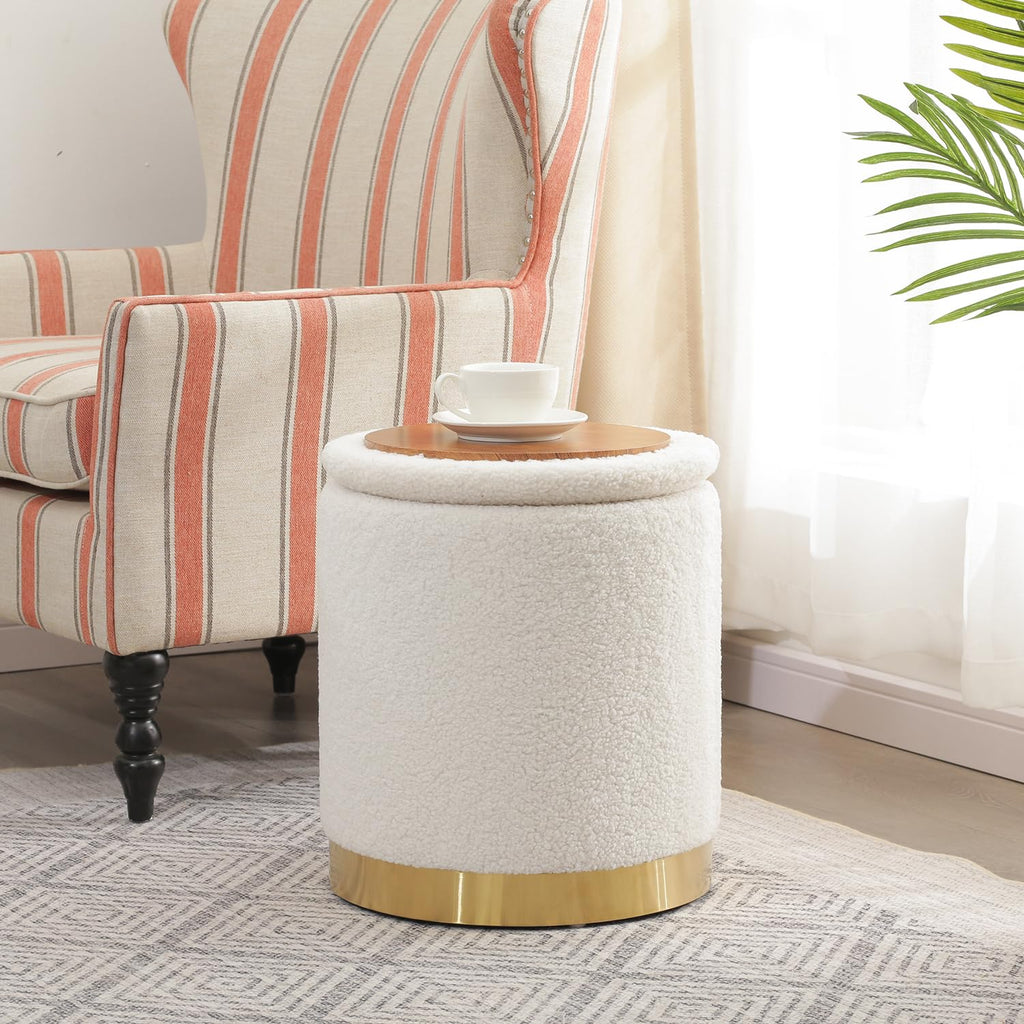 Joveco Boucle Round Ottoman with Storage,Vanity Stool with Storage for Bedroom, Ottoman Coffee Table,Small Boucle Foot Stool for Living Room, Black with Gold Plating