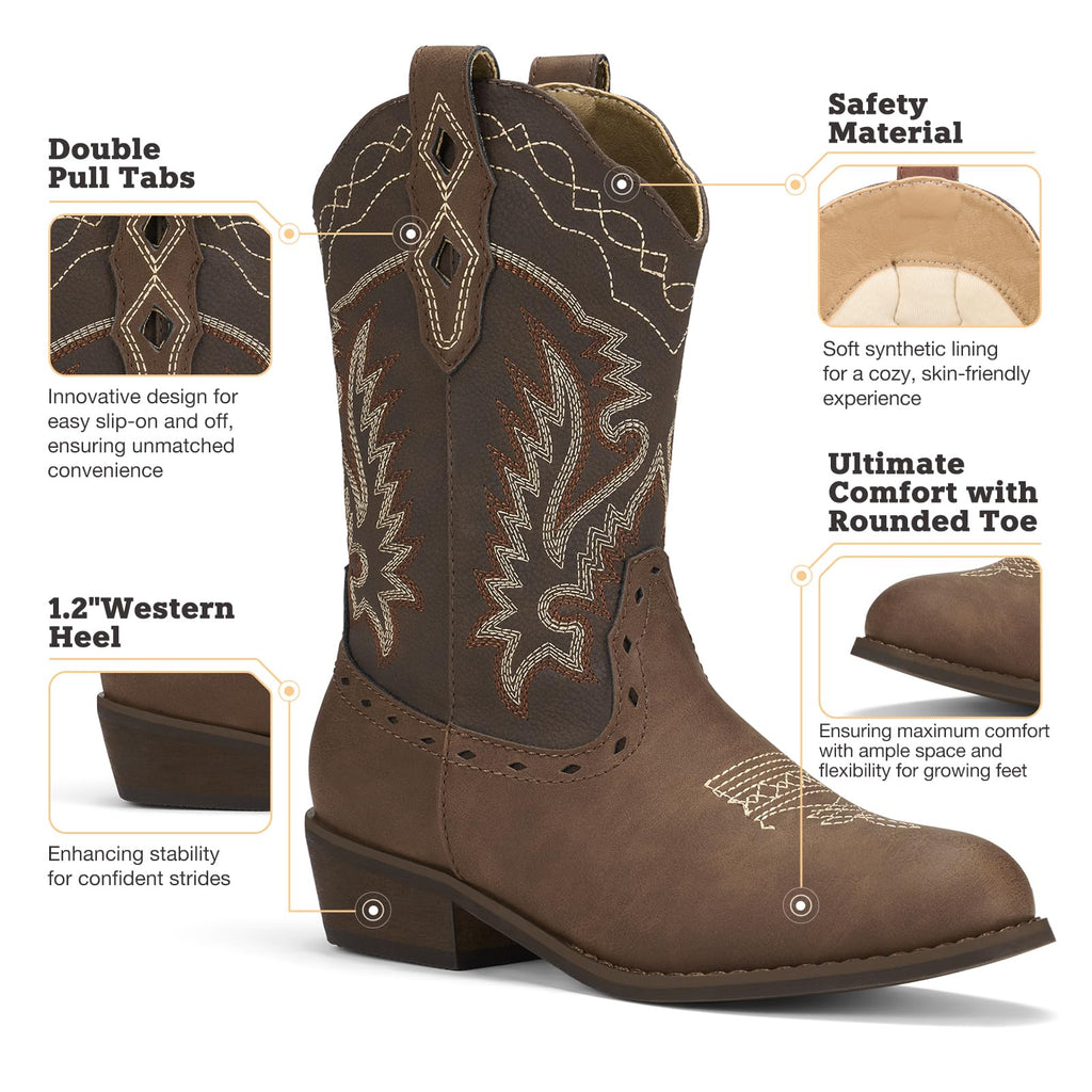Rollda Kids Cowboy Boots Western Round Toe Cowgirl Boots for Boys Girls Toddler/Little Kid/Big Kid