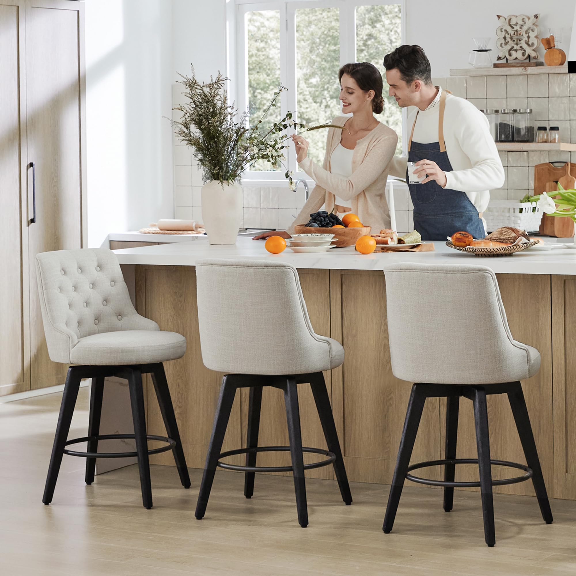 Watson & Whitely Counter Height Bar Stools, Performance Fabric Upholstered Modern Swivel Barstool with Back, Solid Wood Legs, 26" H Seat, Flint Grey