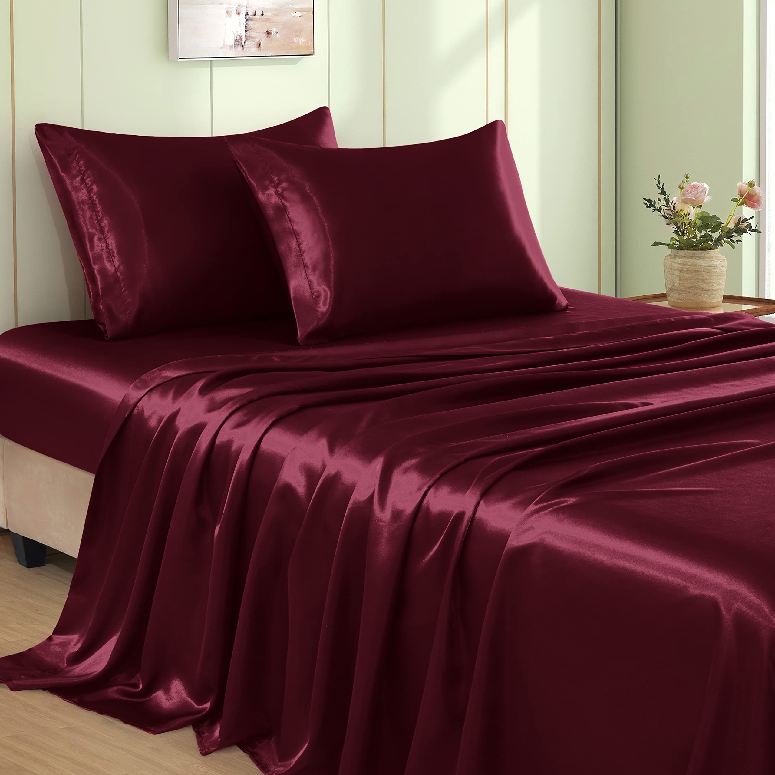 VACVELT 3pcs Beige Satin Sheets Twin Size Bed Set, 15 Inch Deep Pocket Silky Satin Sheet Set, Soft Satin Bedding Set Cooling & Luxury Bed Sheets, 1 Fitted Sheet + 1 Flat Sheet + 1 Pillowcase