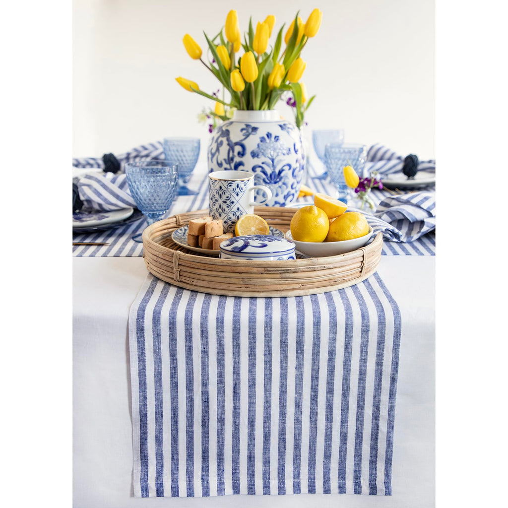 Solino Home Linen Table Runner 36 Inches - Amalfi Stripe 100% Pure Linen Natural and White Table Runner 14 x 36 Inch Ideal for Dresser and Coffee Tables - Summer