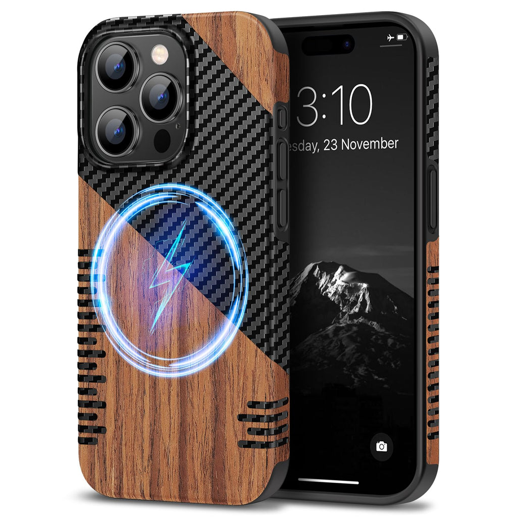 TENDLIN Compatible with iPhone 15 Case Wood Grain with Carbon Fiber Texture Design Leather Hybrid Slim Case (Black)