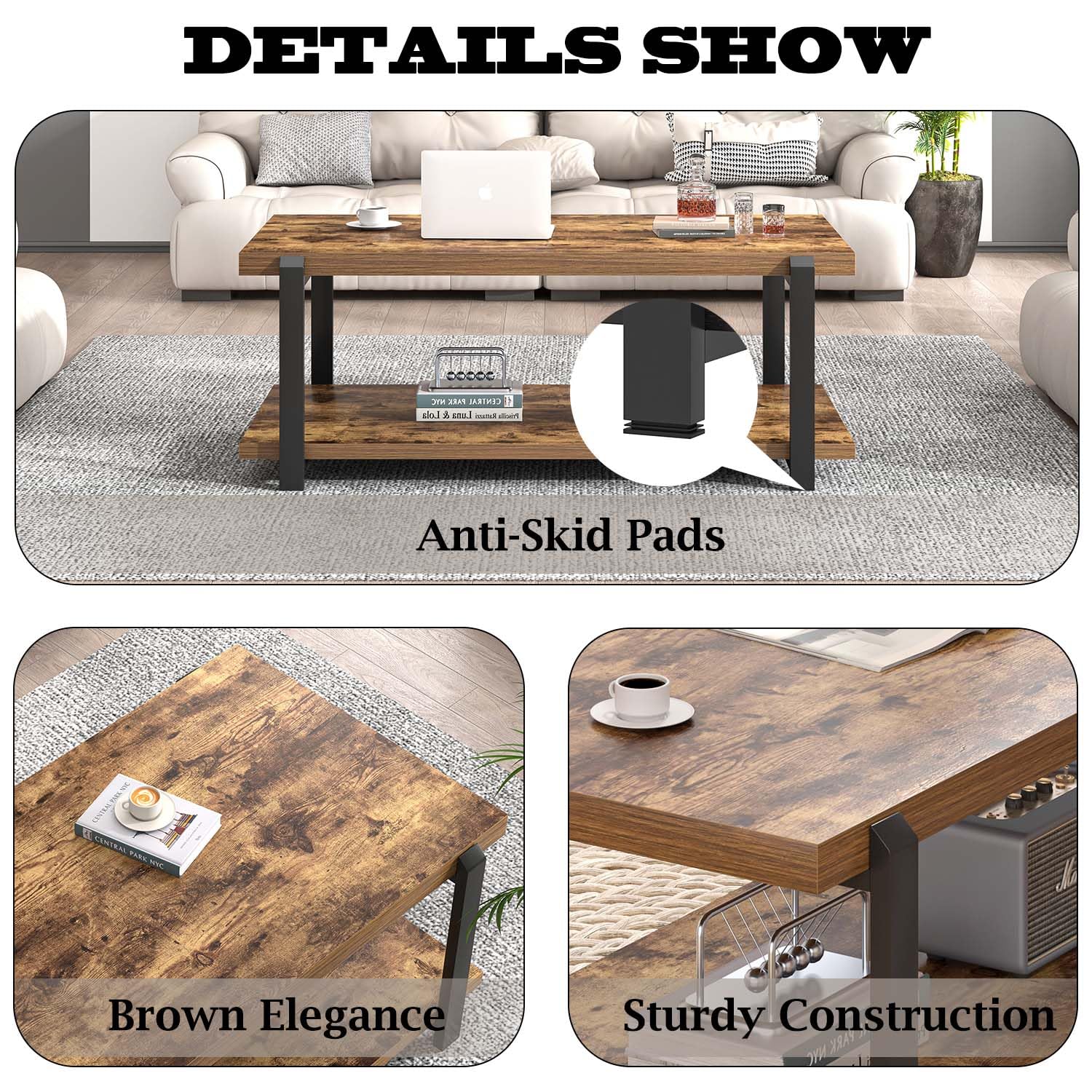 FOLUBAN Black Coffee Table, Modern Rustic Wood Center Table with Storage for Living Room, Industrial Rectangle 2 Tier Cocktail Tea Table, Black Oak