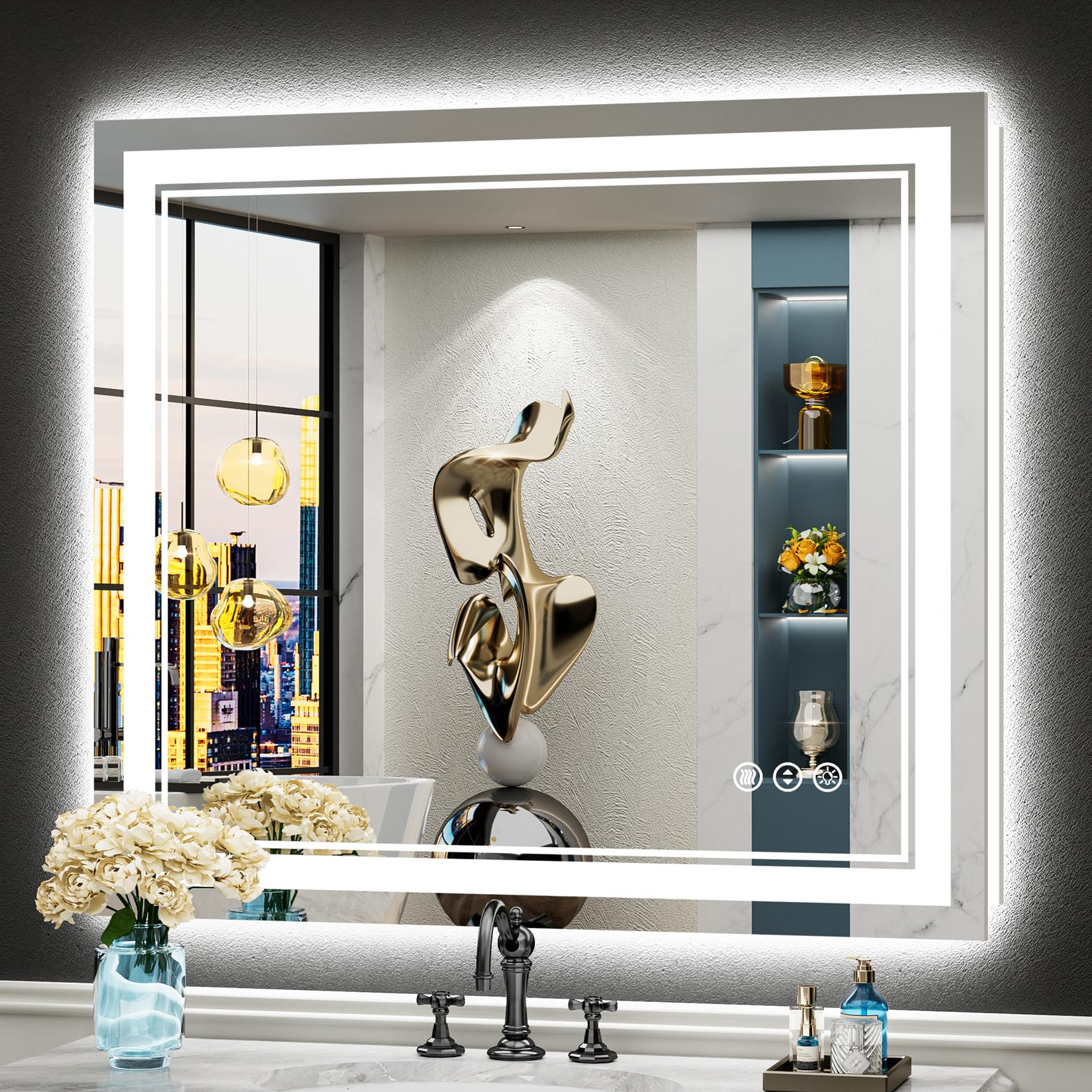 24x32 Black Framed LED Bathroom Mirror with Lights, Backlit and Front Lit Anti-Fog Lighted Vanity Mirrors for Bathroom Wall, Dimmable, 3 Colors, Memory, HD Tempered Glass, Horizontal/Vertical