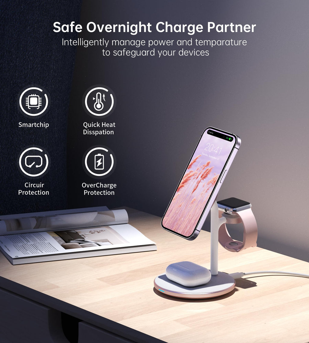 XooFly 3 in 1 Wireless Charging Station for Apple Devices, Fast Wireless Mag-Safe Charger Stand with 20W Adapter for iPhone 17/16 15 14 13 12 Pro Max/Pro/Plus/Air/Mini, iWatch, AirPods (Black)