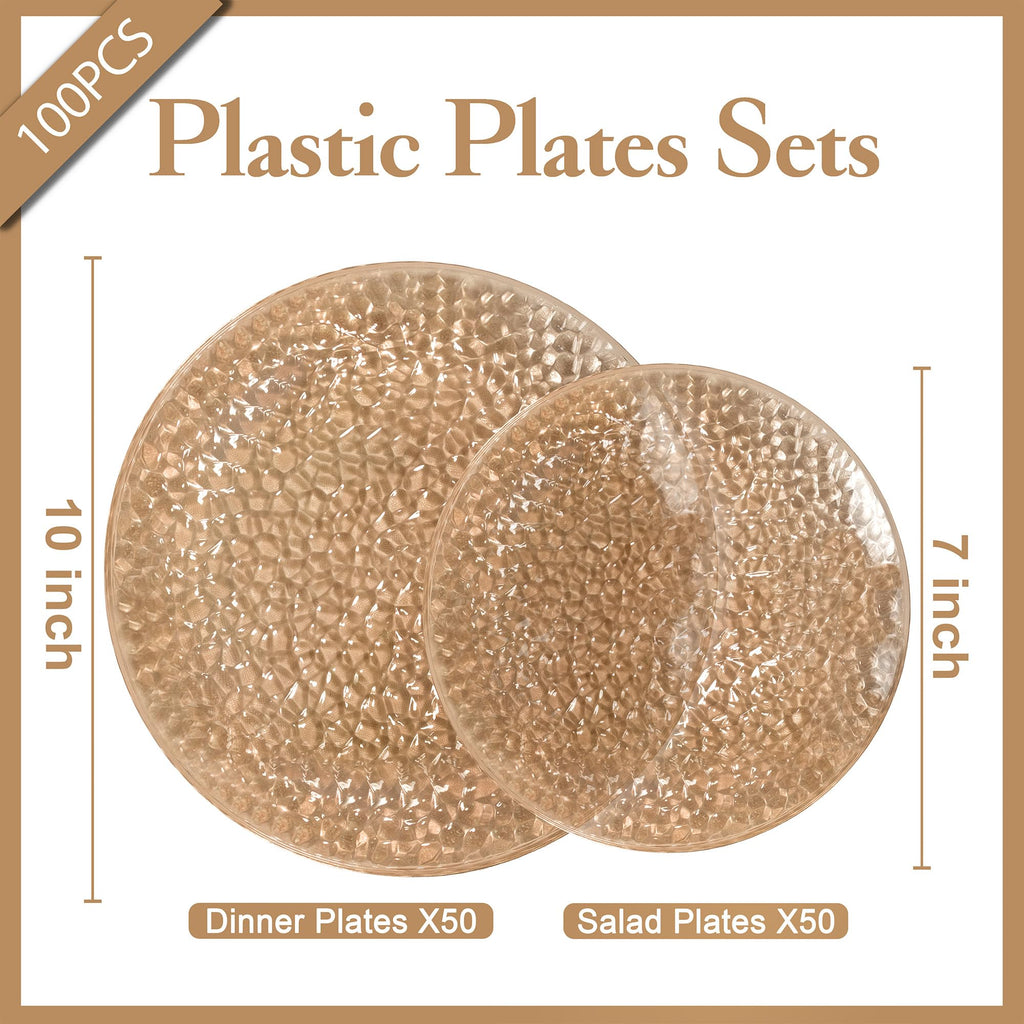 Rubtlamp 100Pcs Amber Gold Plastic Plates, Disposable Plates With Gold Rim, Heavy-duty Party Platos, Hammered Plastic Plates Include 50 Clear Dessert Plates, 50 Dinner Plates for Party