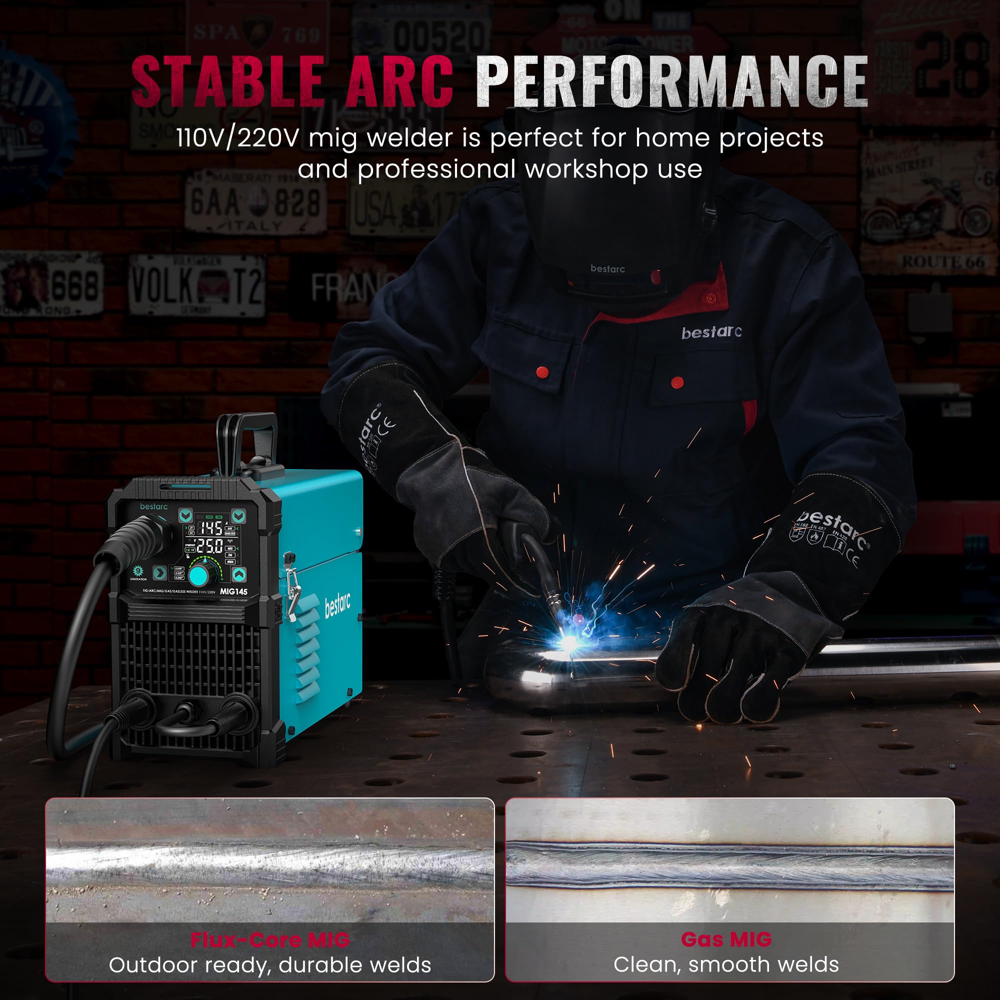 Bestarc 145A MIG Welder, 110V 220V 4 in 1 Gas/Flux Core MIG/Lift TIG/Stick Welder Machine, Large LED Display Welding Machine, IGBT Inverter Welder MIG145 Soild Gasless Synergy MIG Welder