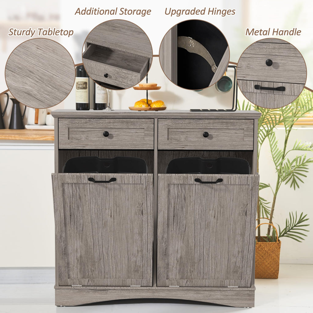 AHB Double Tilt Out Trash Can Cabinet Freestanding Kitchen Trash Can, 2x13 Gallons Hidden Garbage Recycling Cabinet with Hideaway Drawers Pet Proof Trash Can Holder for Kitchen, Antique White