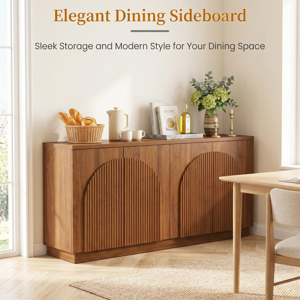 Yechen 55" Fluted Sideboard Buffet Cabinet with Storage, Wood Mid Century Modern Credenza Cabinet w/Arched Reeded Doors & Adjustable Shelves for Kitchen, Living Room, Entryway