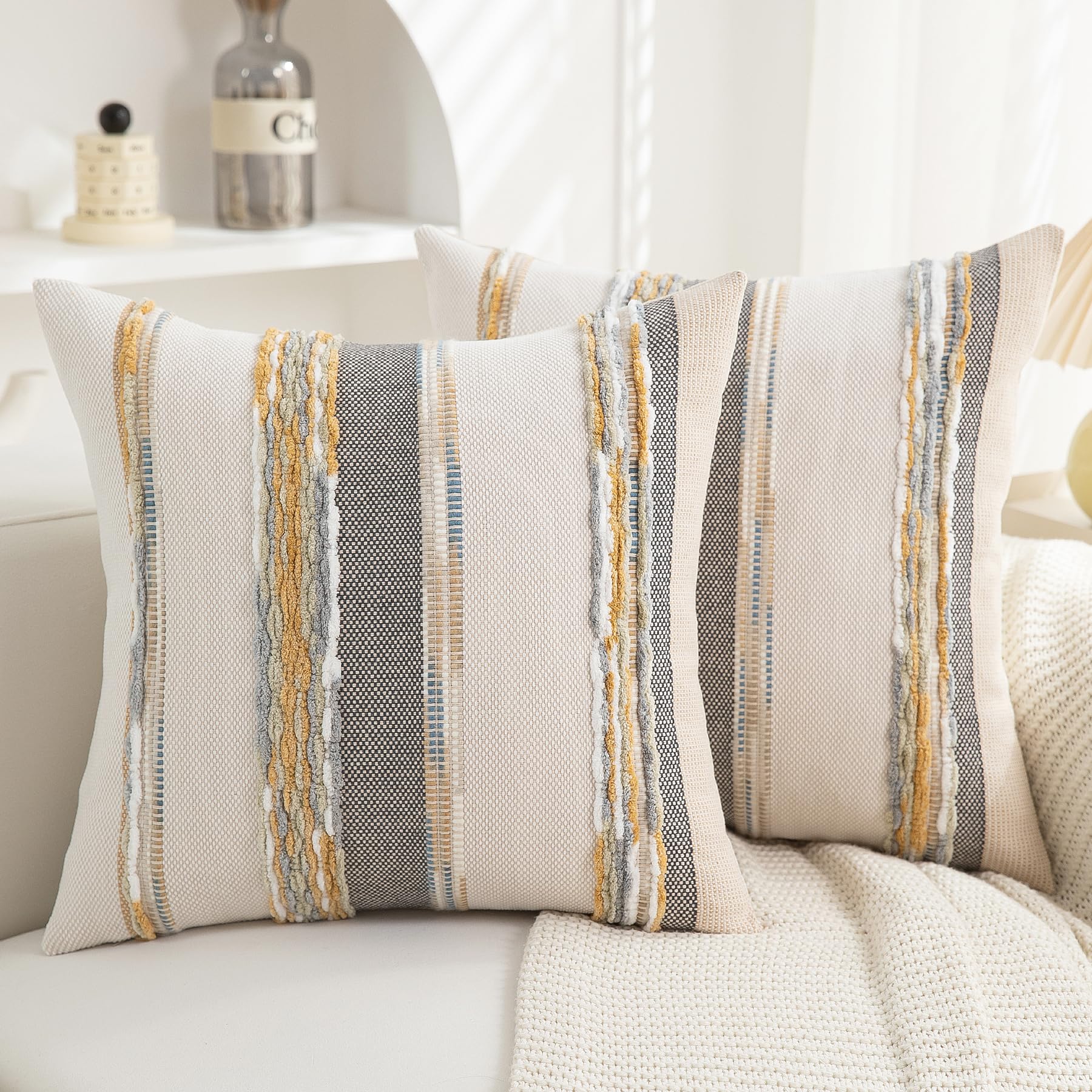 Boho Pillow Covers 18x18 Set of 2 for Couch-Modern Farmhouse Sofa Decorative Throw Pillow Covers Textured Chenille Cushion Covers Outdoor Netural Bohemian Pillow Cases Square