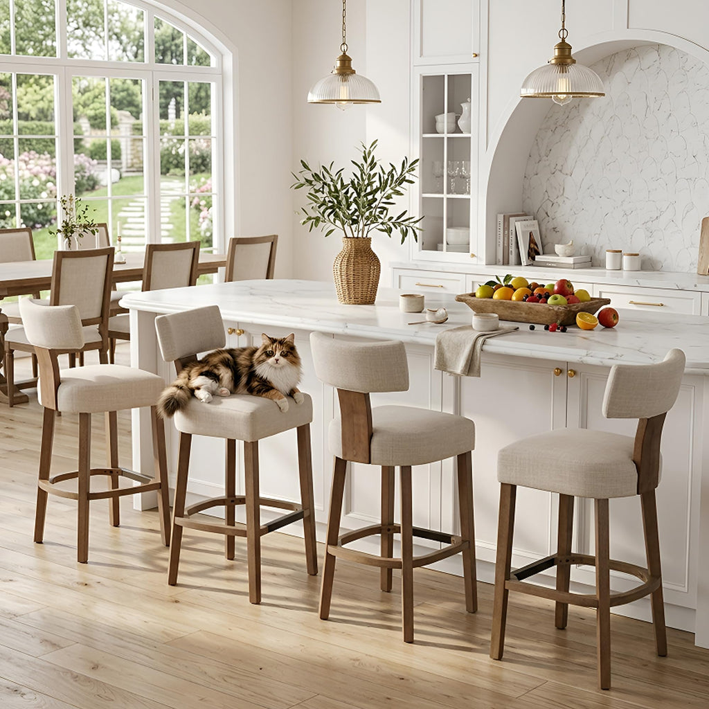 Farmhouse 30'' Extra Tall Bar Stools Set of 2 Modern Counter Height Barstools with Backs Rustic Wood Bar Stools Linen Upholstered Counter Chairs Kitchen Island Stool Chairs with Wood Frame, Beige