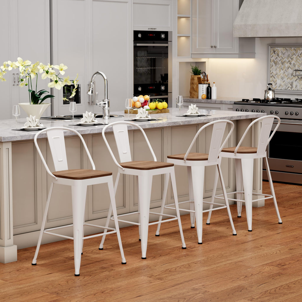 Barstools Set of 4 Counter Height Bar Stools for Kitchen Island Farmhouse Metal High Back Bar Chairs Wooden Seat 24" Matte Black