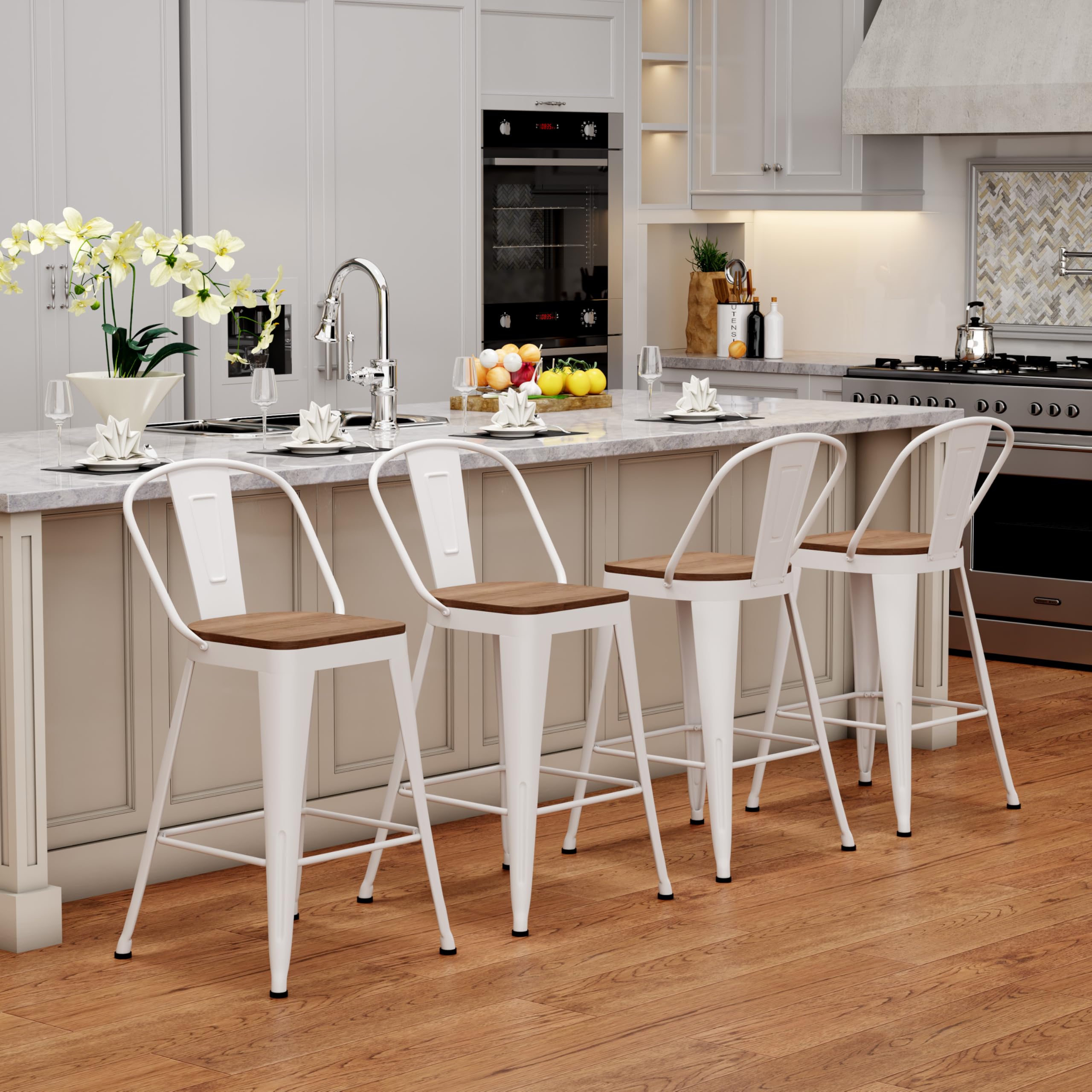 Barstools Set of 4 Counter Height Bar Stools for Kitchen Island Farmhouse Metal High Back Bar Chairs Wooden Seat 24" Matte Black
