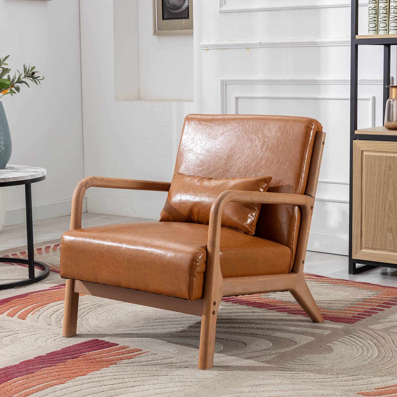 ANJ Mid Century Modern Accent Chair, Comfy Fabric Living Room Chairs with Solid Wood Frame, Lounge Reading Armchair, Easy Assembly, Beige