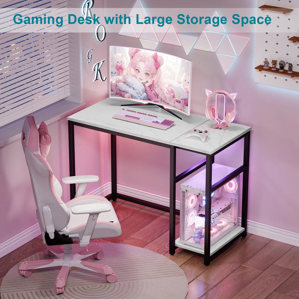 SINPAID 40 Inch Small Gaming Desk with Shelves for Small Spaces, Easy Assembly Study Desk, Sturdy Writing Desk for Bedroom & Home Office, Black