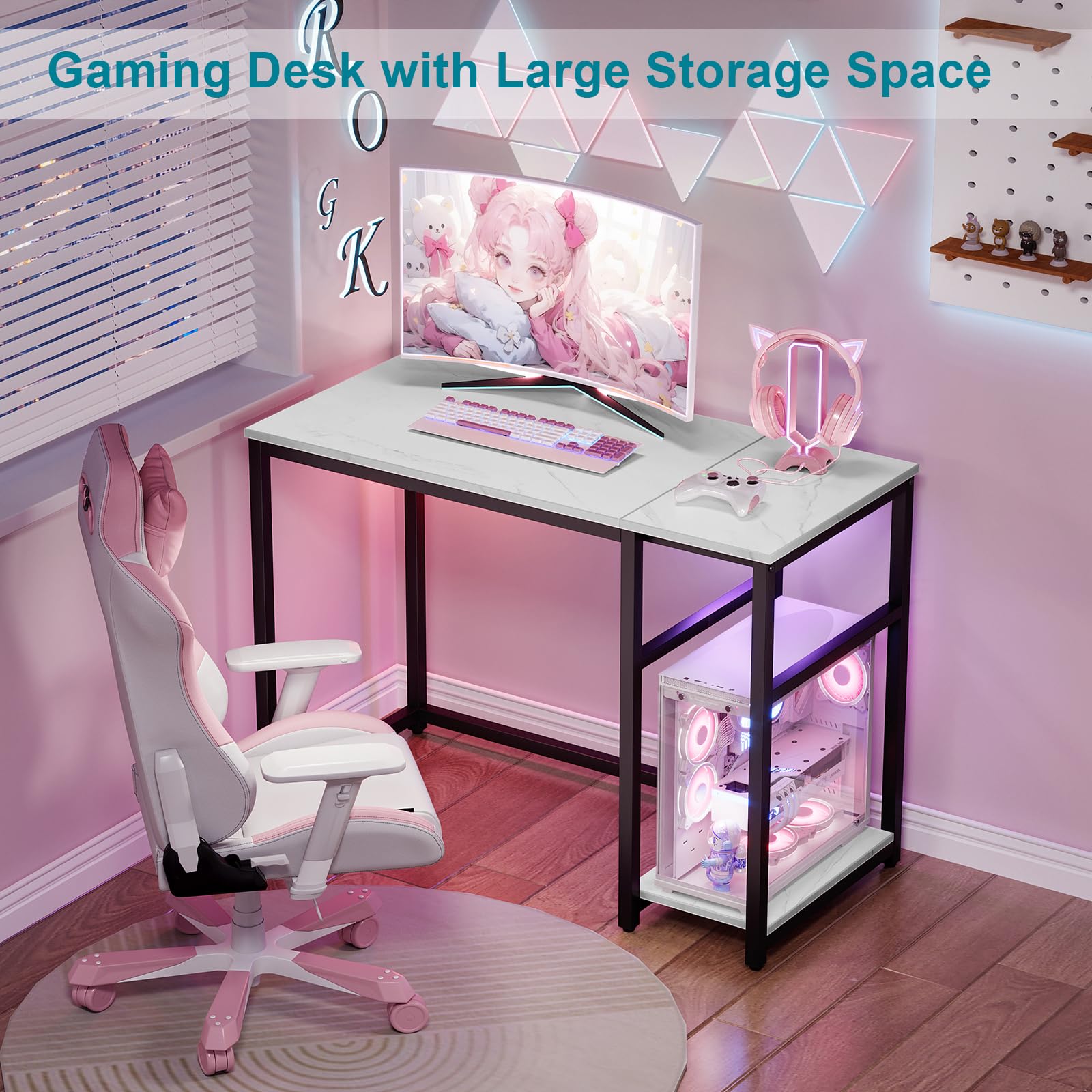 SINPAID 40 Inch Small Gaming Desk with Shelves for Small Spaces, Easy Assembly Study Desk, Sturdy Writing Desk for Bedroom & Home Office, Black