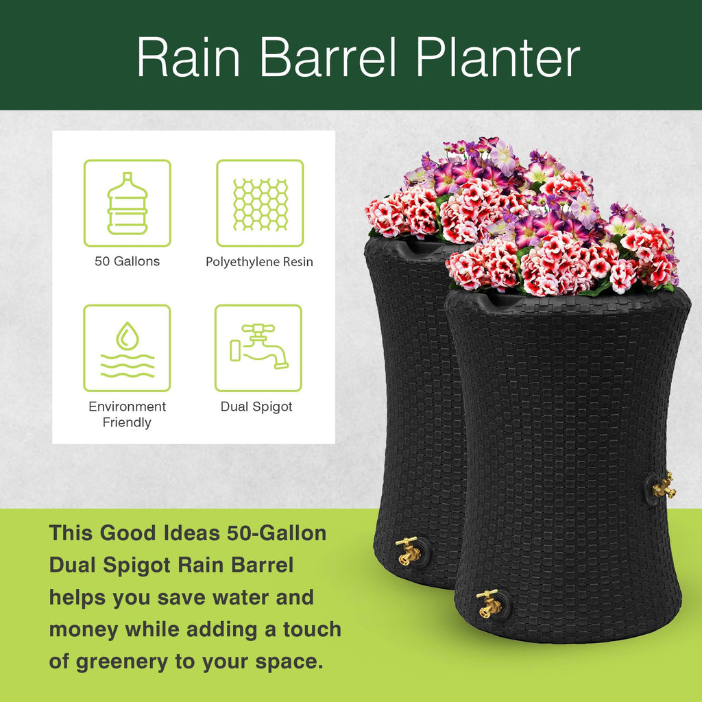 Good Ideas Impressions 50 Gallon Nantucket Outdoor Home Rain Barrel Water Storage Collector with Garden Planter and Brass Spigot, Black (2 Pack)