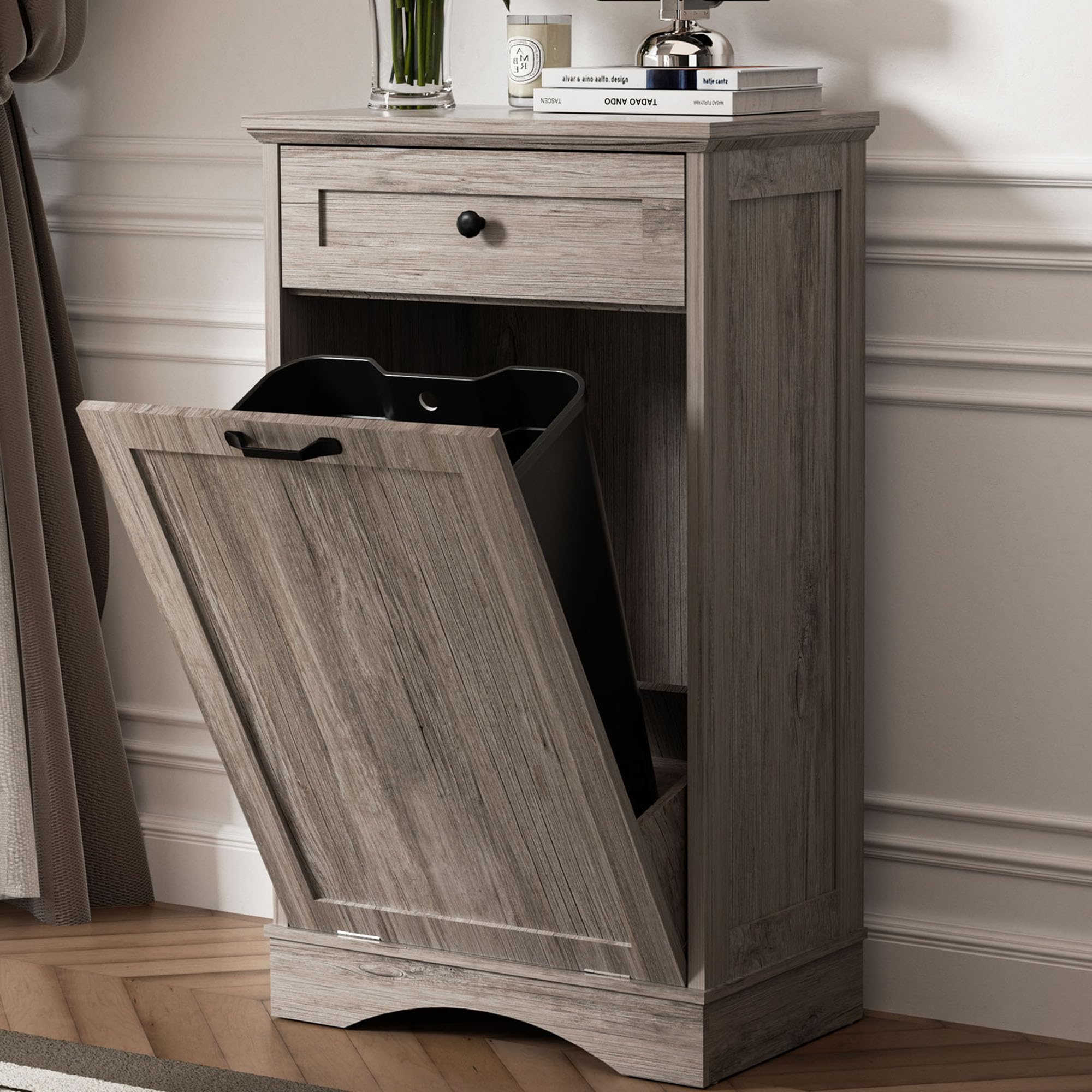 AHB Double Tilt Out Trash Can Cabinet Freestanding Kitchen Trash Can, 2x13 Gallons Hidden Garbage Recycling Cabinet with Hideaway Drawers Pet Proof Trash Can Holder for Kitchen, Antique White