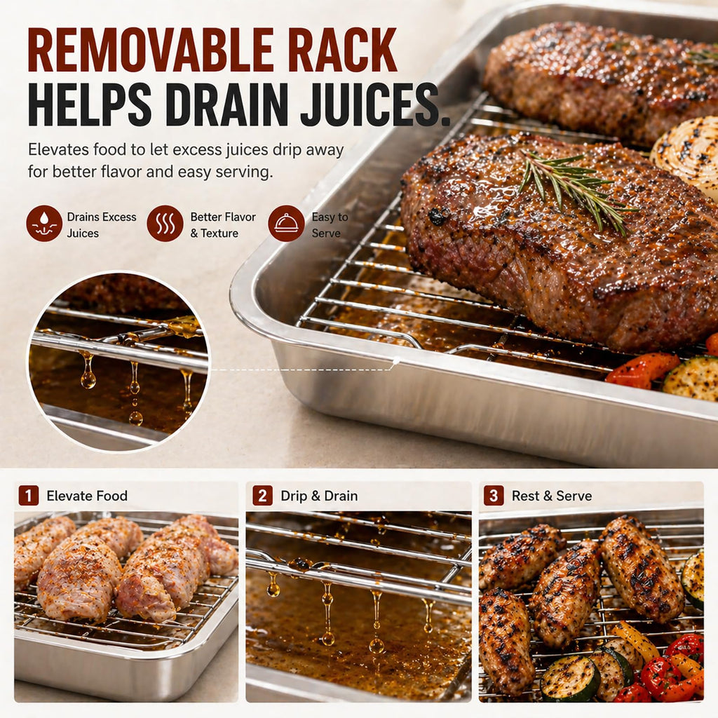 Grill Prep & Serve Tray Set with Lids, 5-Piece Food Prep System for Marinating, Carrying & Serving, Stainless Steel BBQ Trays for Raw & Cooked Food Separation (Rack Included)