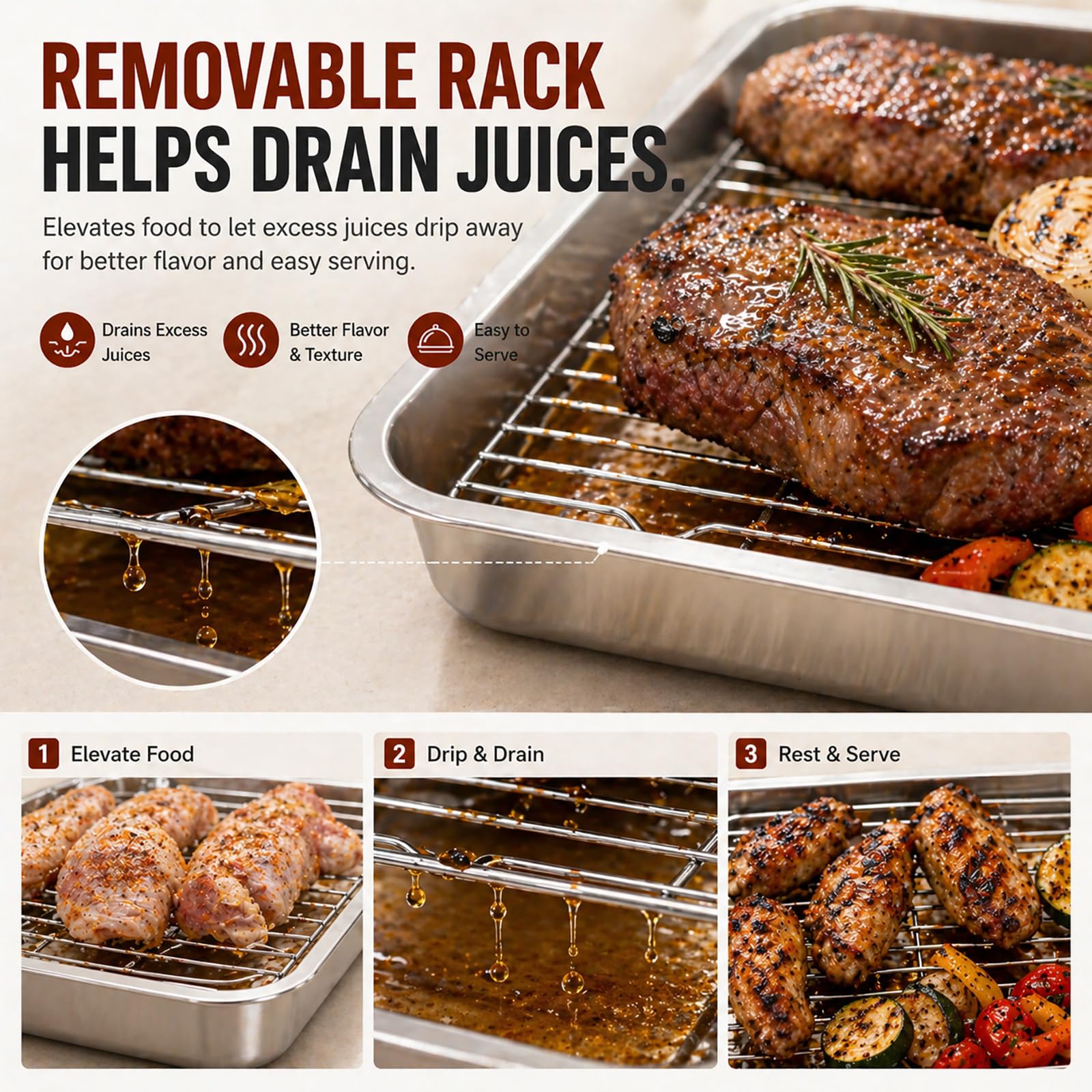 Grill Prep & Serve Tray Set with Lids, 5-Piece Food Prep System for Marinating, Carrying & Serving, Stainless Steel BBQ Trays for Raw & Cooked Food Separation (Rack Included)