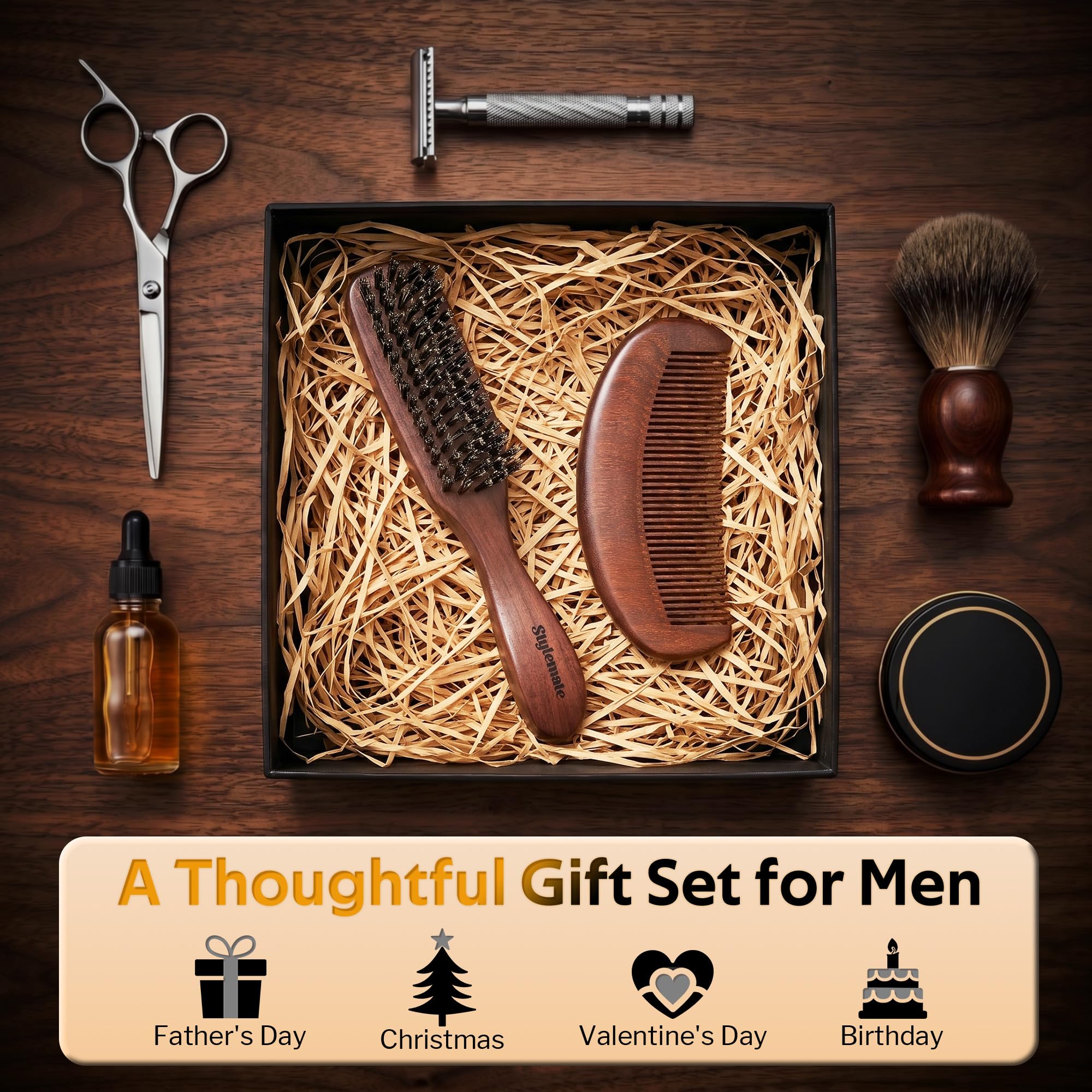 STYLEMATE Boar Bristle Hair Brush for Men, Slick Back Mens Hair Brush with Stiff Bristles for Thick & Fine Hair, Beard Brush with Natural Black Walnut Wooden Handle