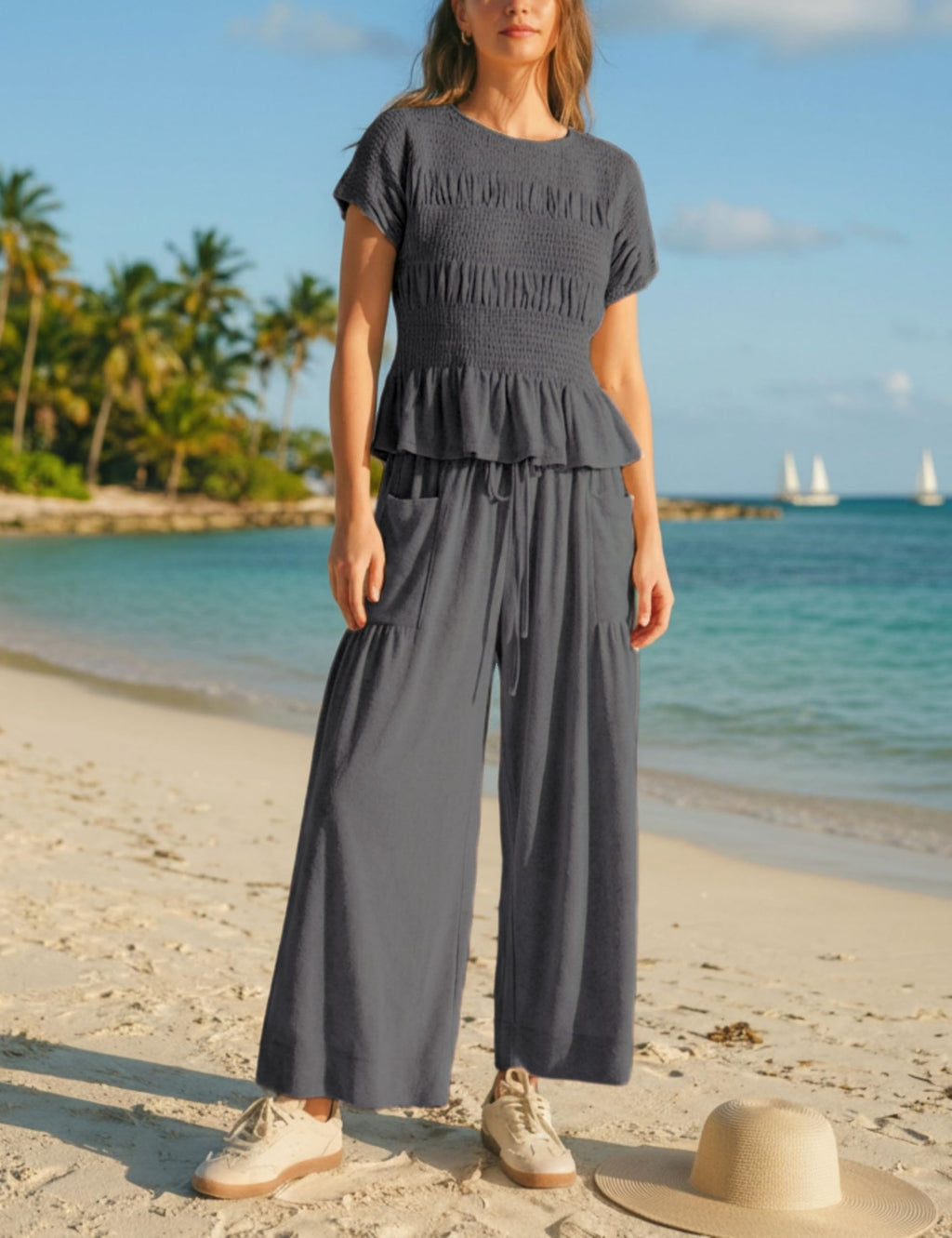 Antnation Womens 2 Piece Smocked Top Wide-Leg Pants Set High-Waisted Lounge Outfit with Pockets Casual Boho Matching Set