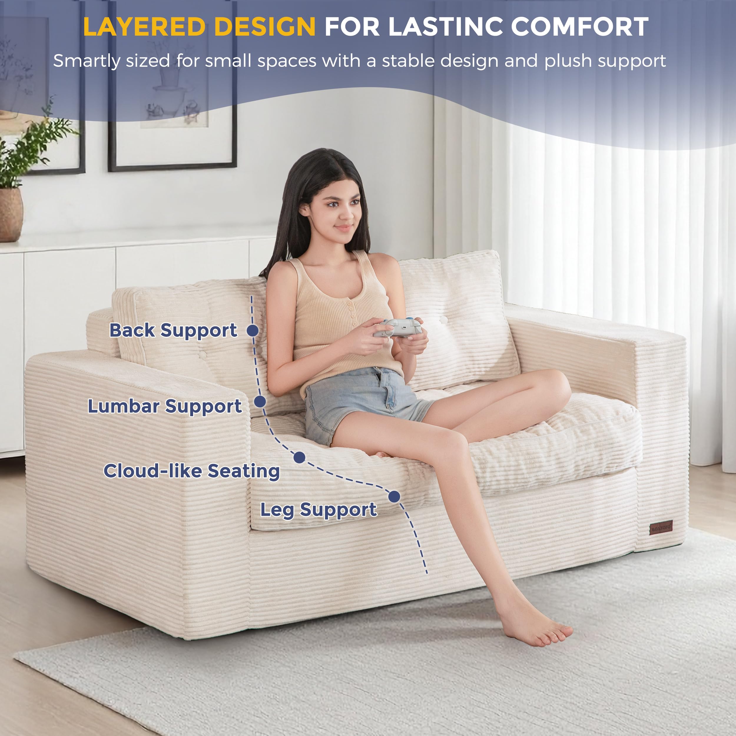 MAXYOYO 3 Seater Sofa Couch for Living Room, Tufted Boneless Couch Sofa Couch, Comfy Bubbled Bean Bag Chair for Apartment, No Assembly Needed, Beige