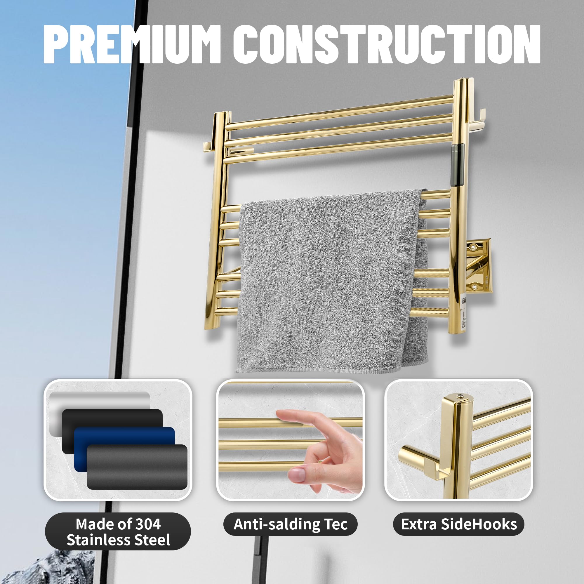 K&KALONZO Wall-Mounted 9-Bar Heated Towel Rack, Fast Heat in 2 Min, NTC Safety | 4 Timers & 3 Heat Levels Control, Plug-In/Hardwired, Top Hooks, Memory Function, Anti-Scald, Stainless Steel, EL13ML