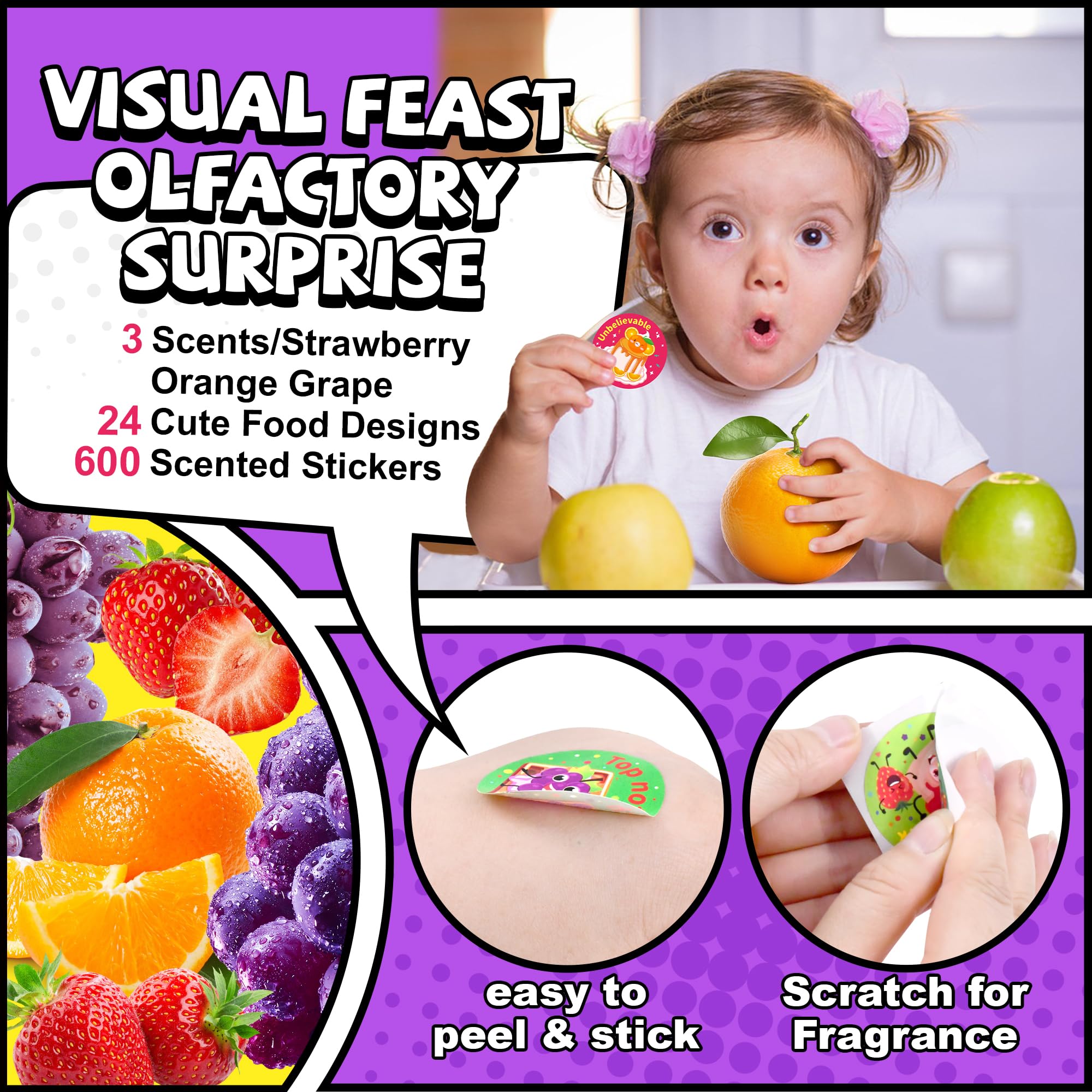 HORIECHALY 3 Rolls Scratch and Sniff Stickers for Kids, 600PCS Smelly Scented Stickers, Kid's Reward Sticker, Classroom Teacher Must Haves, School Supplies Incentives Christmas Children‘s Gift-1.57''