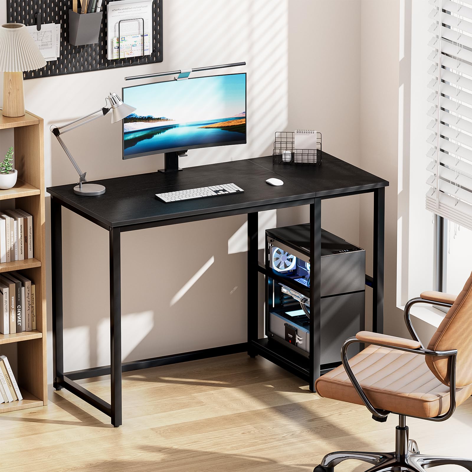 SINPAID 40 Inch Small Gaming Desk with Shelves for Small Spaces, Easy Assembly Study Desk, Sturdy Writing Desk for Bedroom & Home Office, Black