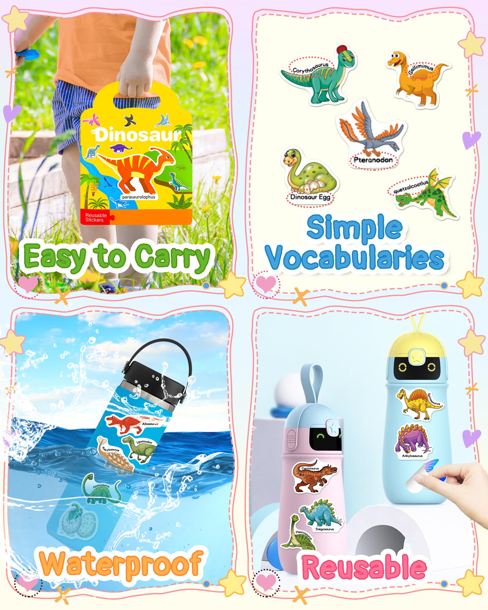 Benresive Reusable Sticker Book for Toddlers, Stickers for Kids, Travel Toys for Arts & Crafts Activities, Birthday Gift for Boys & Girls, Animals Dinosaurs Insects Themes