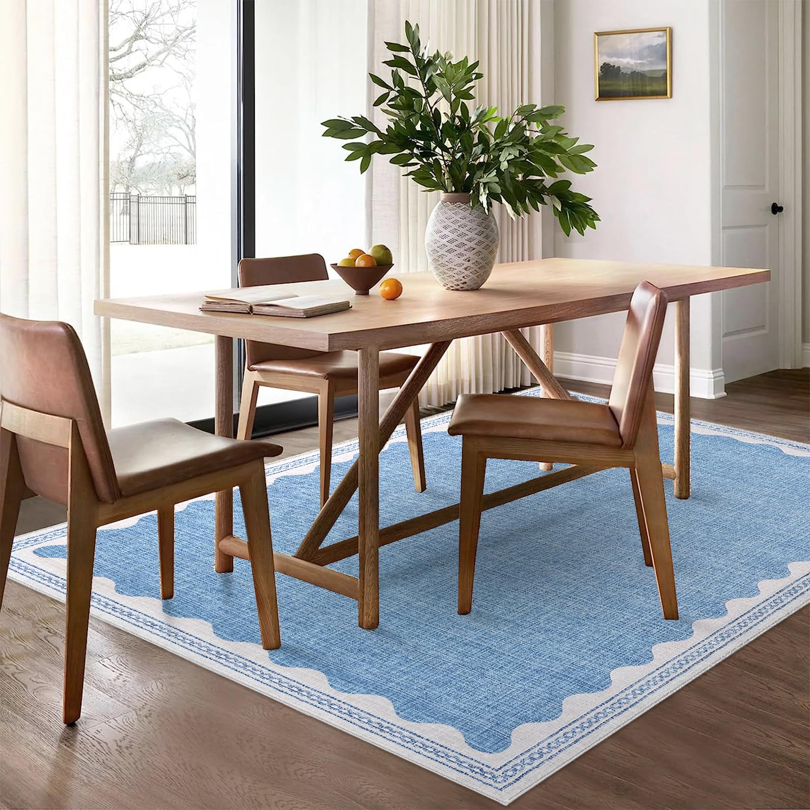 Scalloped Rug 2x3 Rugs for Entryway, Solid Blue Rugs Small Area Rug Non Slip Scalloped Bath Mat, Washable Front Door Mat Indoor Entrance,Soft Girls Nursery Dorm Carpet for Bedroom Kitchen