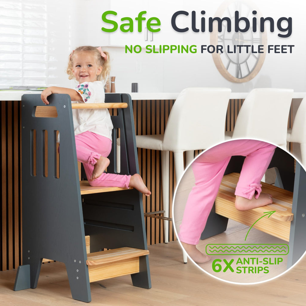 OCODILE Toddler Tower with a Sliding Door and 3 Adjustable Heights - Safe Toddler Kitchen Step Helper with Support Feet - Updated Design for 18+ Months to 6-Year-Old Kids - Gray