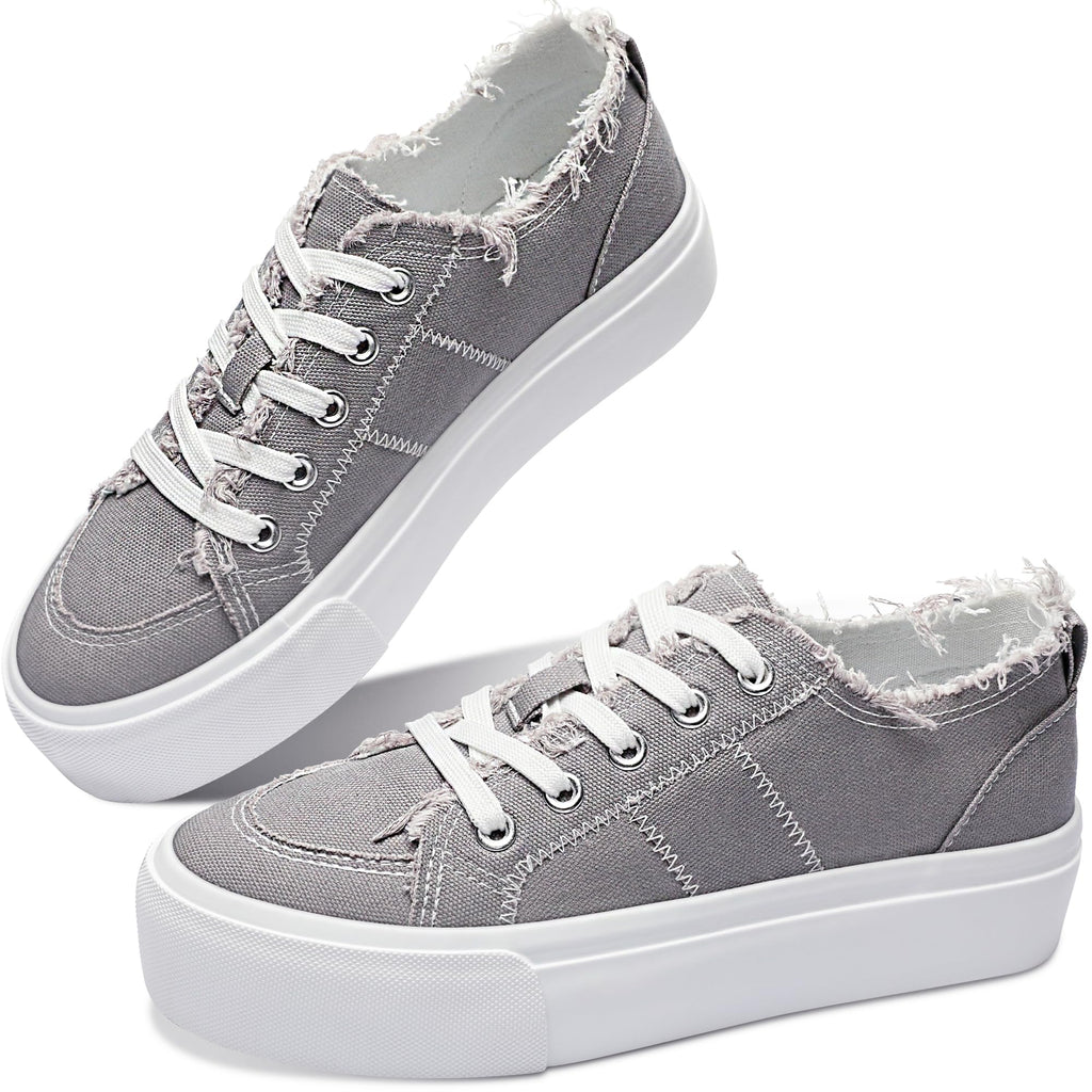 Obtaom Women Platform Canvas Sneakers White Comfort Play Fashion Sneakers Casual Lift Platform Lace Up Shoes Cute Low Top Walking Shoes for Lady