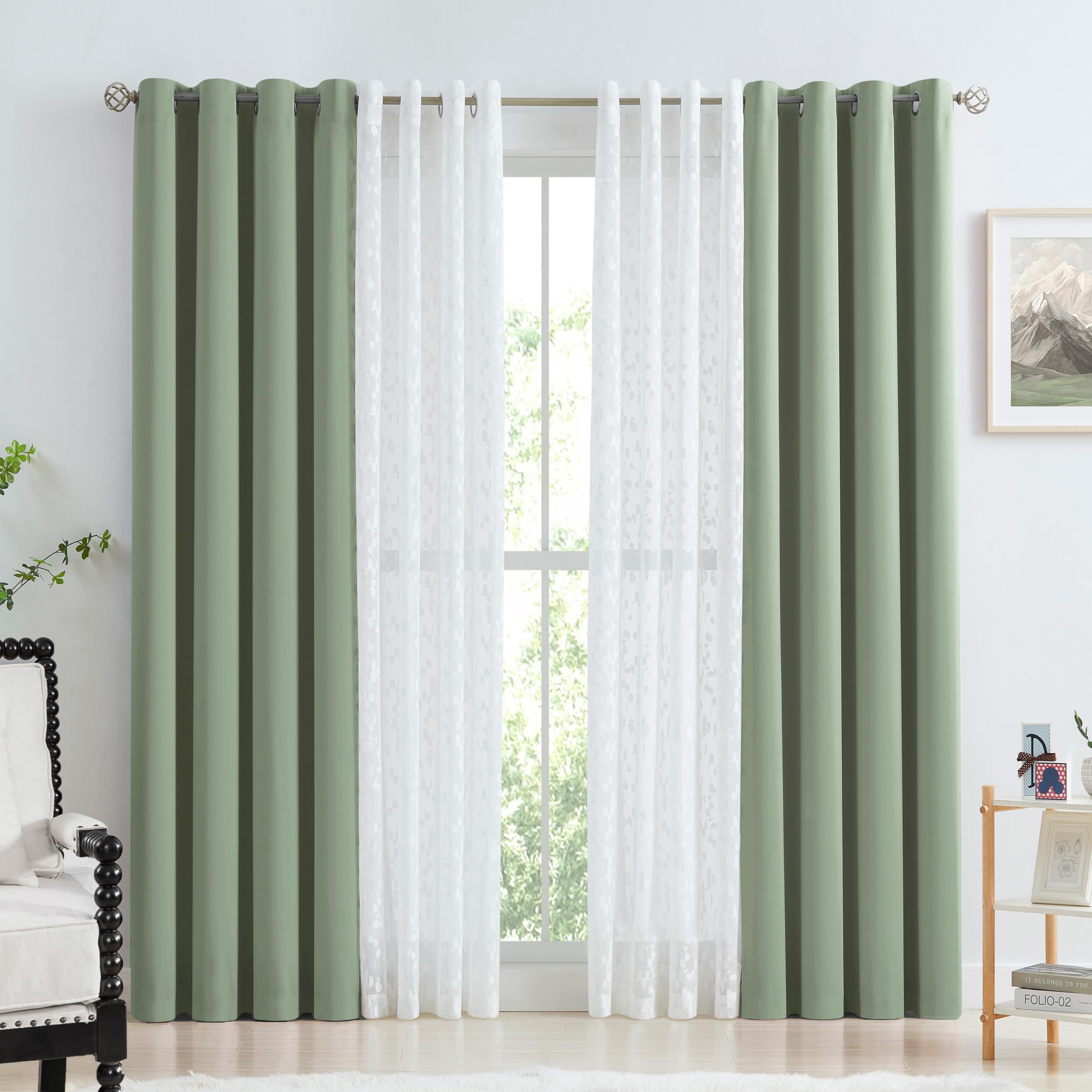 Jubilantex Full Blackout Curtains + Leaf Sheer Window Panels, Beige Mix and Match Style Double Layer Window Treatment Sets for Bedroom Living Room, 4 Panels 52" W x 63" L, Beige and White