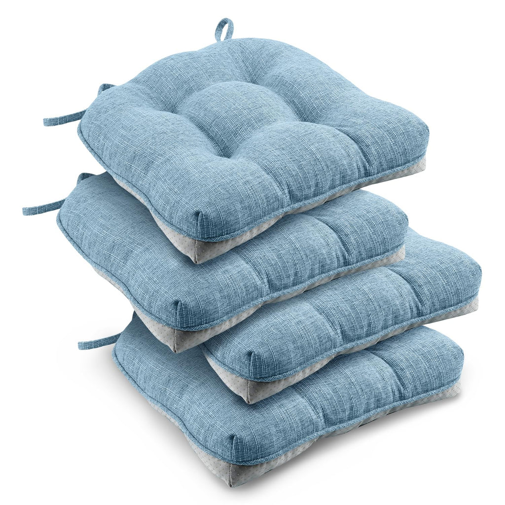 downluxe Indoor Chair Cushions for Dining Chairs, Tufted Overstuffed Textured Kitchen Chair Pads with Ties and Non-Slip Backing, 15.5" x 15.5" x 4", Aqua Blue, 4 Pack