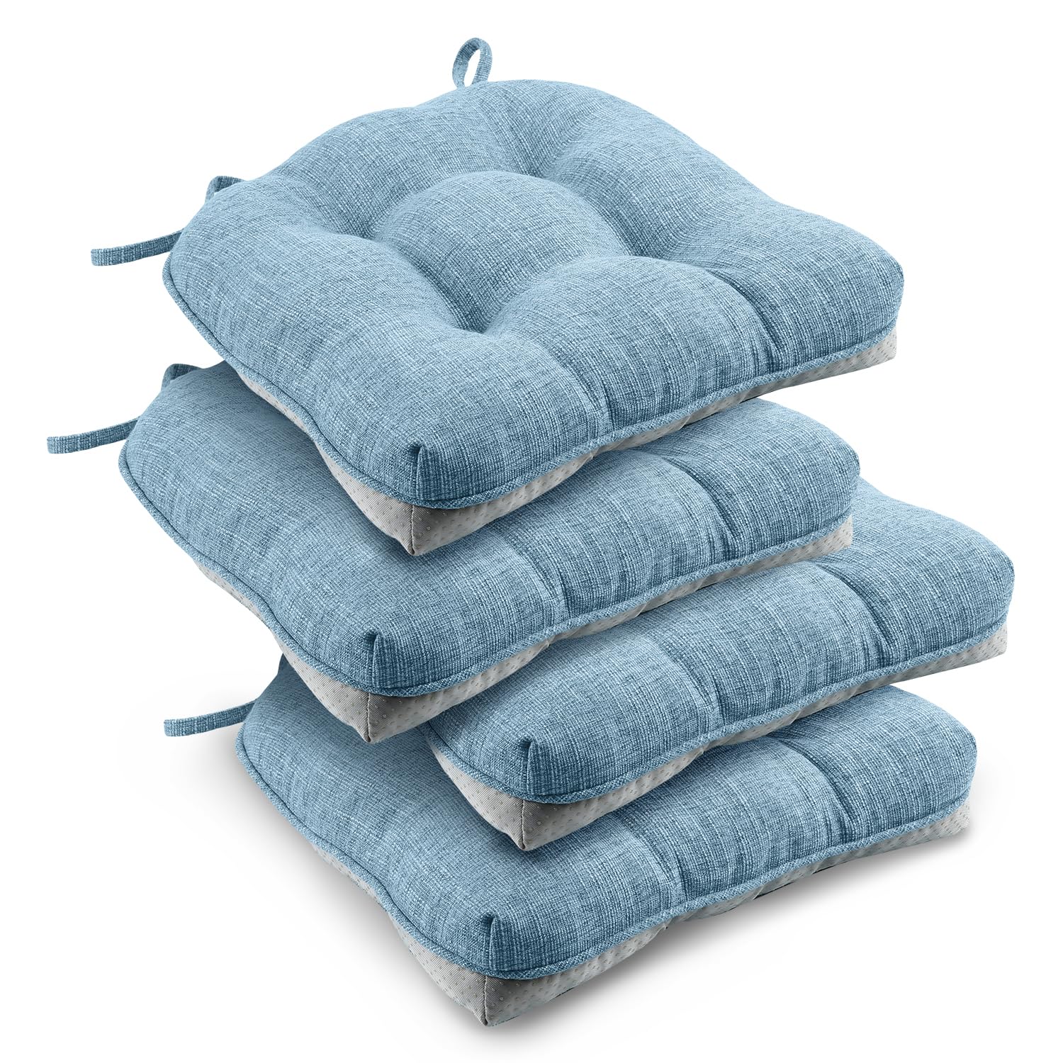 downluxe Indoor Chair Cushions for Dining Chairs, Tufted Overstuffed Textured Kitchen Chair Pads with Ties and Non-Slip Backing, 15.5" x 15.5" x 4", Aqua Blue, 4 Pack