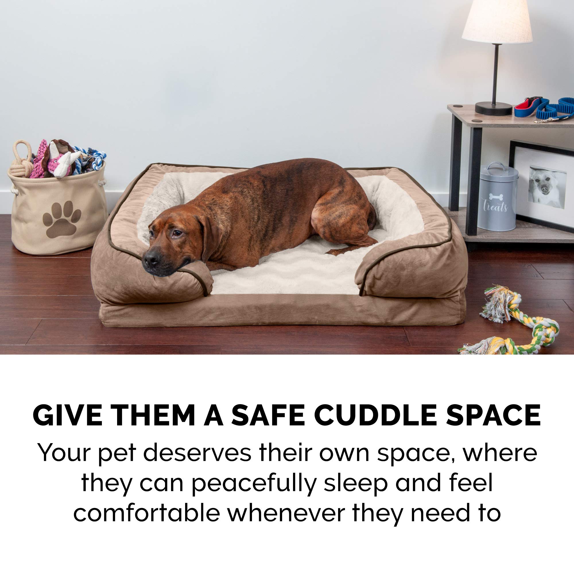 Furhaven Cooling Gel Dog Bed for Medium/Small Dogs w/ Removable Bolsters & Washable Cover, For Dogs Up to 35 lbs - Plush & Velvet Waves Perfect Comfort Sofa - Brownstone, Medium
