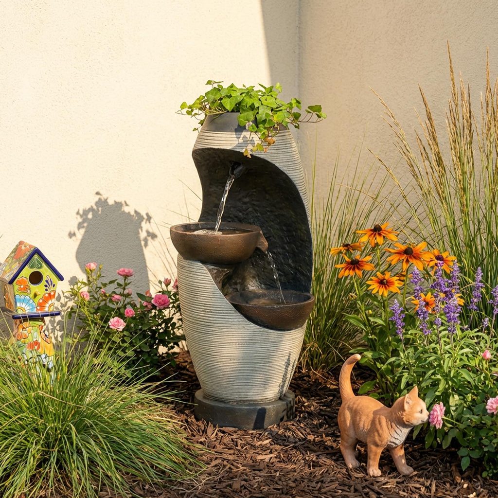 Bumilgar 2-Tier Bowl Water Fountain with LED Lights, 27.95" Tall Freestanding Outdoor & Indoor Garden Waterfall Fountain for Yard, Patio, Backyard, Floor Standing Home Decor