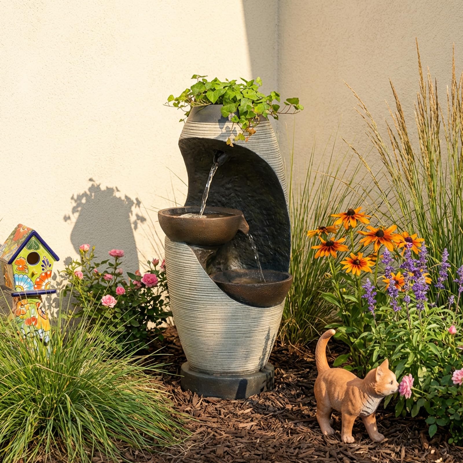 Bumilgar 2-Tier Bowl Water Fountain with LED Lights, 27.95" Tall Freestanding Outdoor & Indoor Garden Waterfall Fountain for Yard, Patio, Backyard, Floor Standing Home Decor