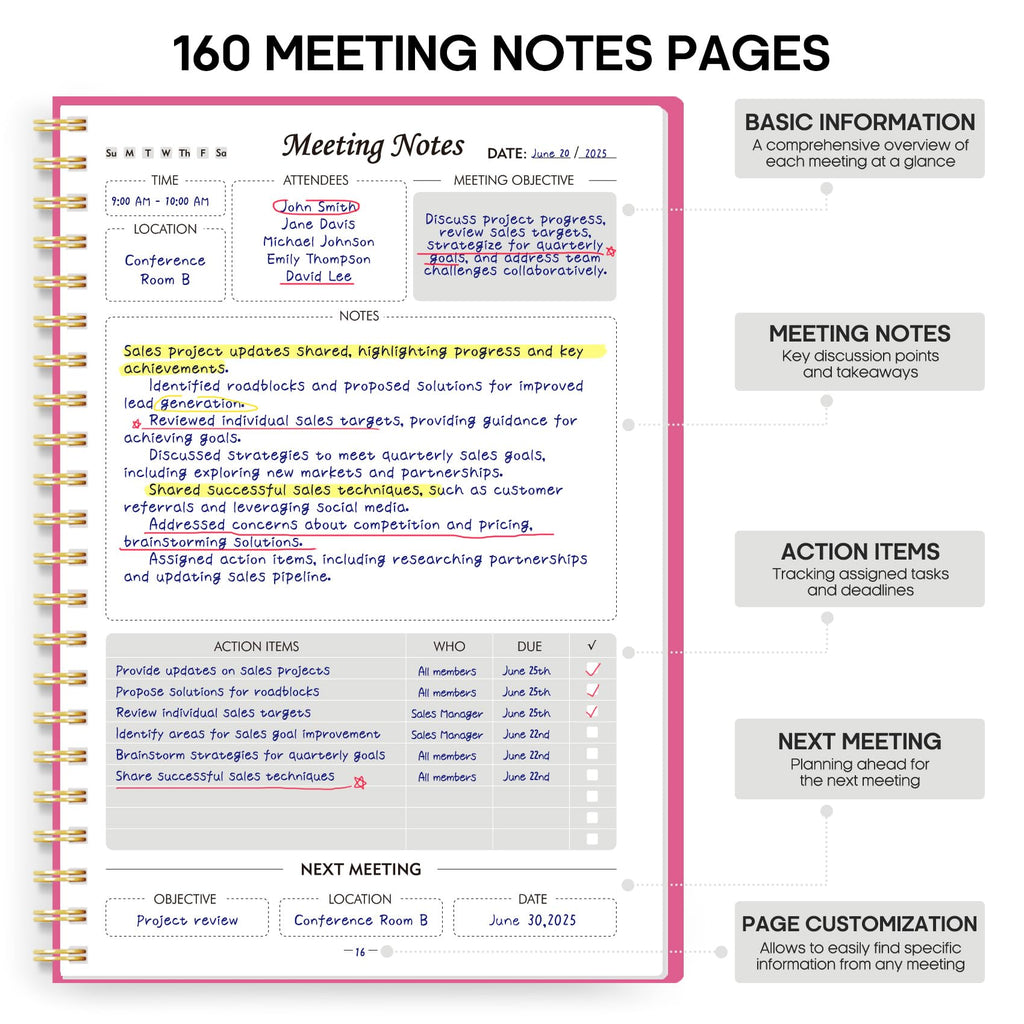 Meeting Notebook for Work Organization - Work Planner Notebook with Action Items, Agenda Planner for Note Taking, 160 Pages (6.9" X 9.9") Project Organizer for Men & Women - Pink