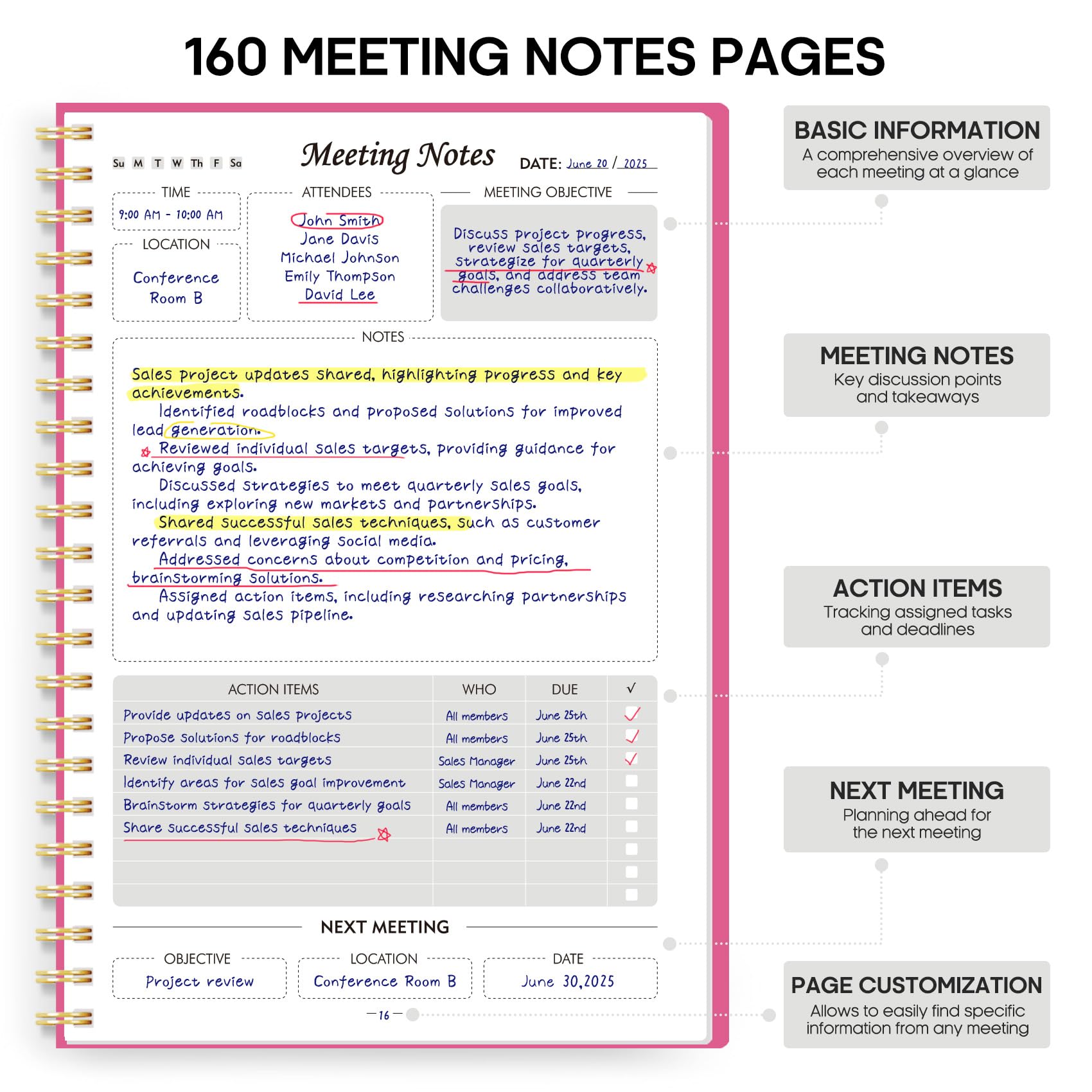 Meeting Notebook for Work Organization - Work Planner Notebook with Action Items, Agenda Planner for Note Taking, 160 Pages (6.9" X 9.9") Project Organizer for Men & Women - Pink