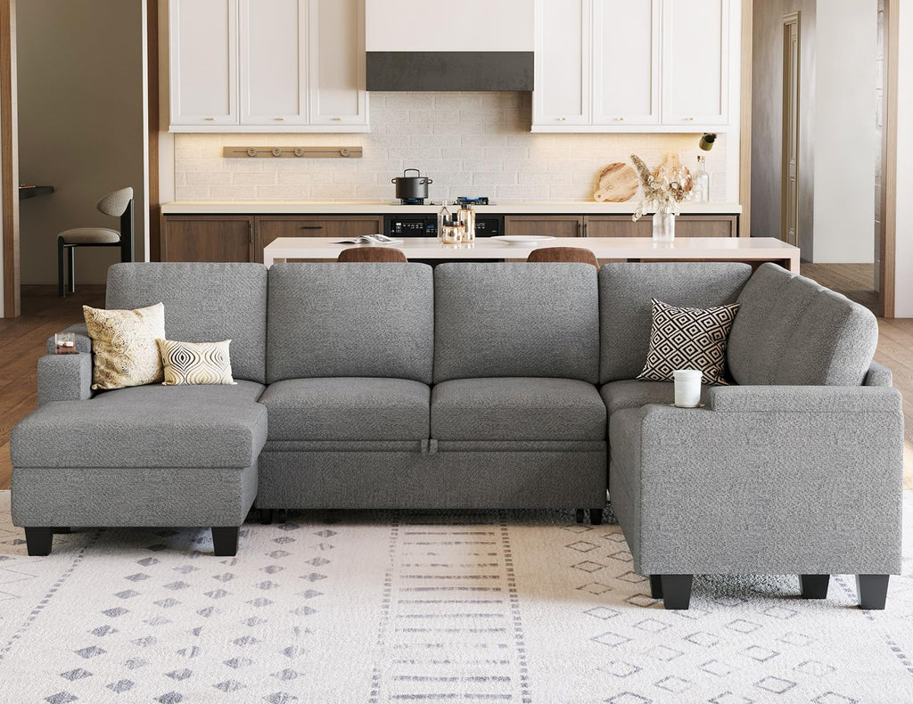 Belffin Modular Sectional Sleeper Sofa Bed with Storage Chaise L Shaped Sectional Couches for Living Room Armrest with Cup Holder. White Couch