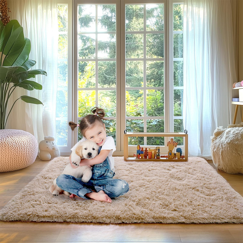 Beige Fluffy Rug for Bedroom 4x6ft - Ultra Soft & Non Slip Shaggy Area Rug, Comfy Durable Carpet for Living Room Kids Room Teens Dorm Home Decor, 1.7'' Thick Indoor Plush Carpets