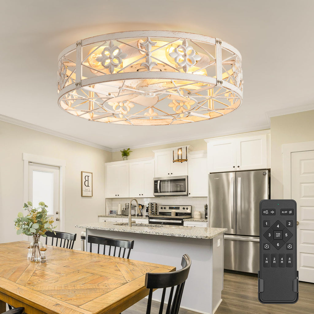 ZYD Caged Ceiling Fan with Light, 20" Ceiling Fan with Lights and Remote Flush Mount, Bladeless Caged Ceiling Fans with Lights, Matte Black Rustic Fan for Bedroom, Kitchen, Dining Room