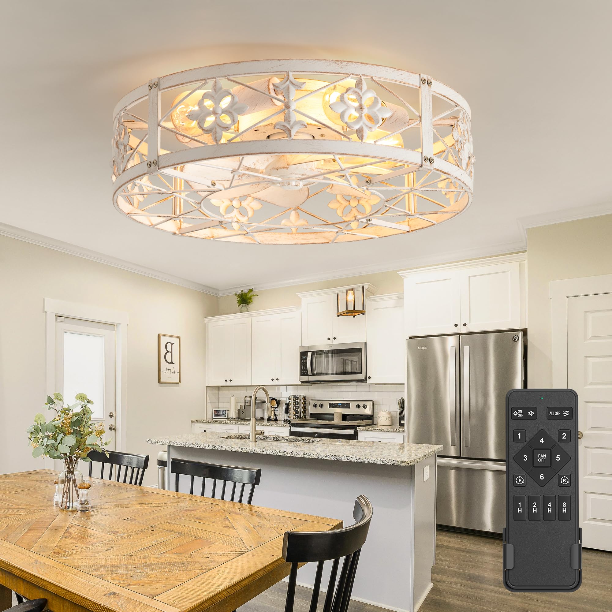 ZYD Caged Ceiling Fan with Light, 20" Ceiling Fan with Lights and Remote Flush Mount, Bladeless Caged Ceiling Fans with Lights, Matte Black Rustic Fan for Bedroom, Kitchen, Dining Room