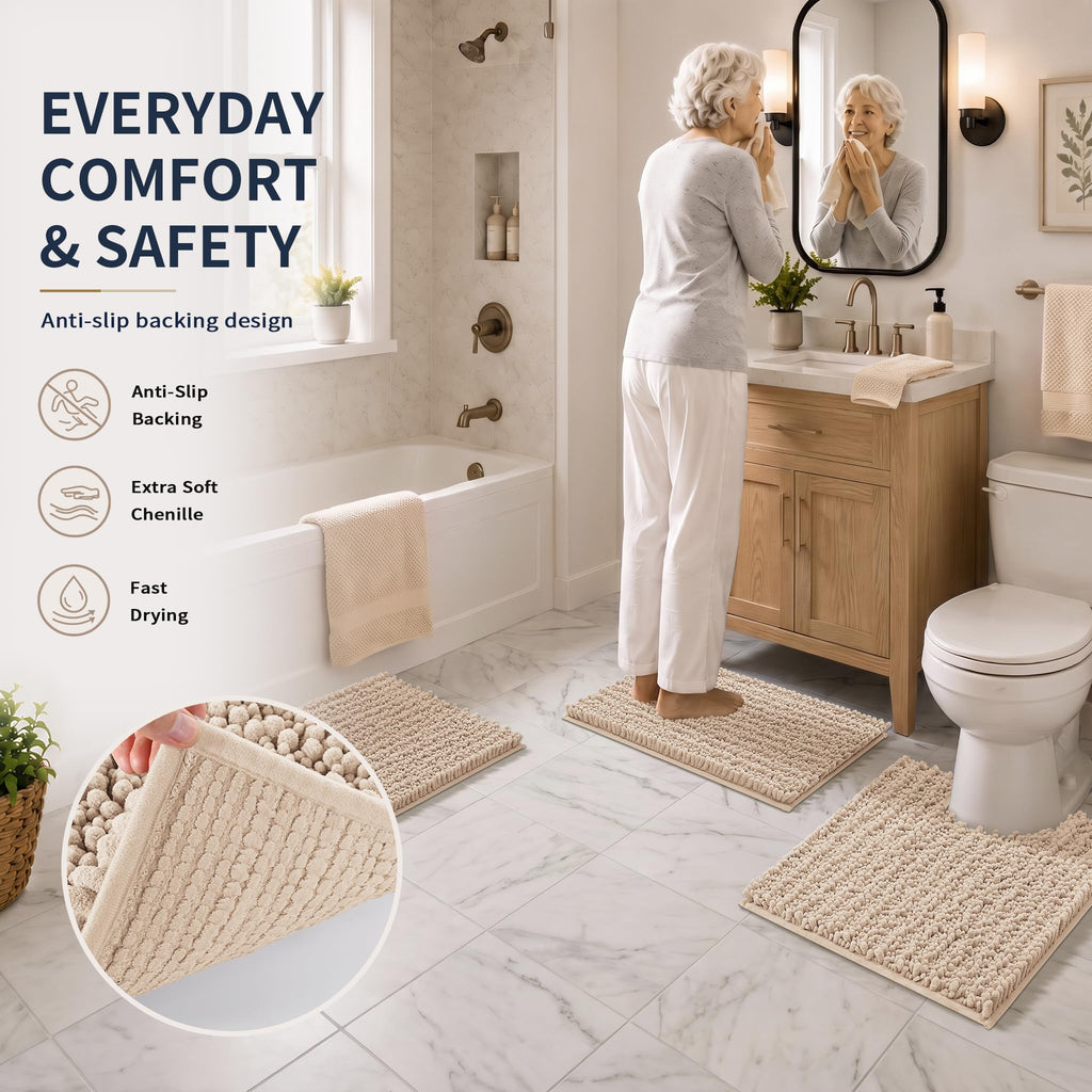 Yimobra Black Bathroom Rug Set 3 Piece - Super Absorbent Quick Dry Chenille Bath Mats & Toilet Rug, Non Slip Machine Washable, Extra Thick Shaggy Floor Mat for Shower Tub Sink