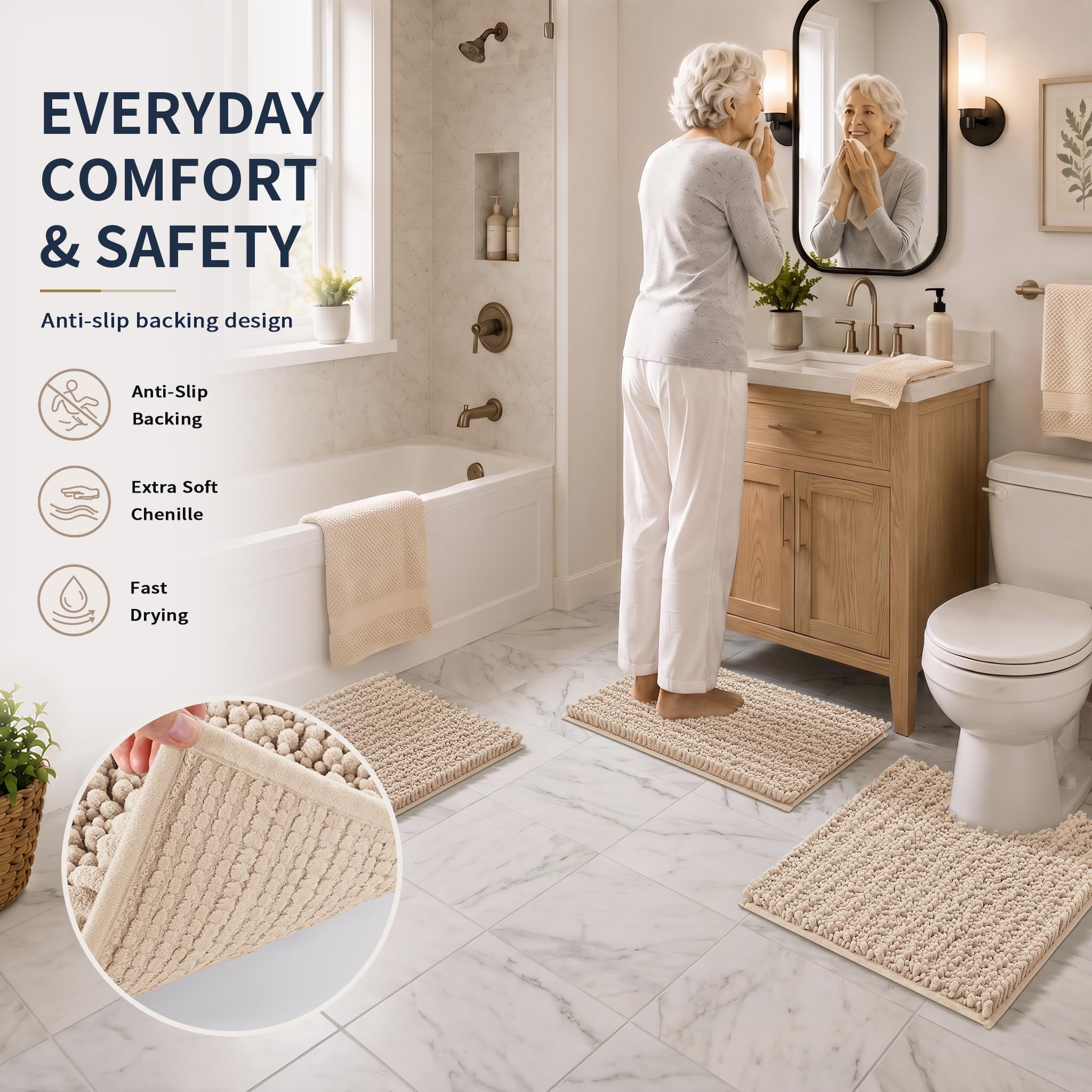 Yimobra Black Bathroom Rug Set 3 Piece - Super Absorbent Quick Dry Chenille Bath Mats & Toilet Rug, Non Slip Machine Washable, Extra Thick Shaggy Floor Mat for Shower Tub Sink