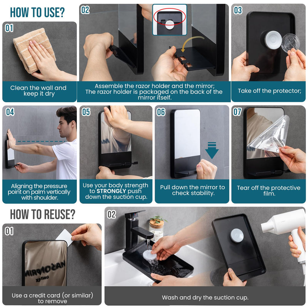 TAILI Shower Mirror Fogless for Shaving | Shower Mirror Fogless, Shaving Mirrors, Suction Cup, Removable & Reusable, Razor Holder Storage, Bathroom Accessories K9
