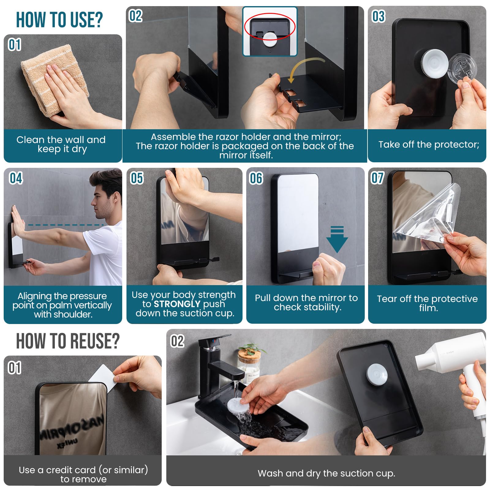 TAILI Shower Mirror Fogless for Shaving | Shower Mirror Fogless, Shaving Mirrors, Suction Cup, Removable & Reusable, Razor Holder Storage, Bathroom Accessories K9